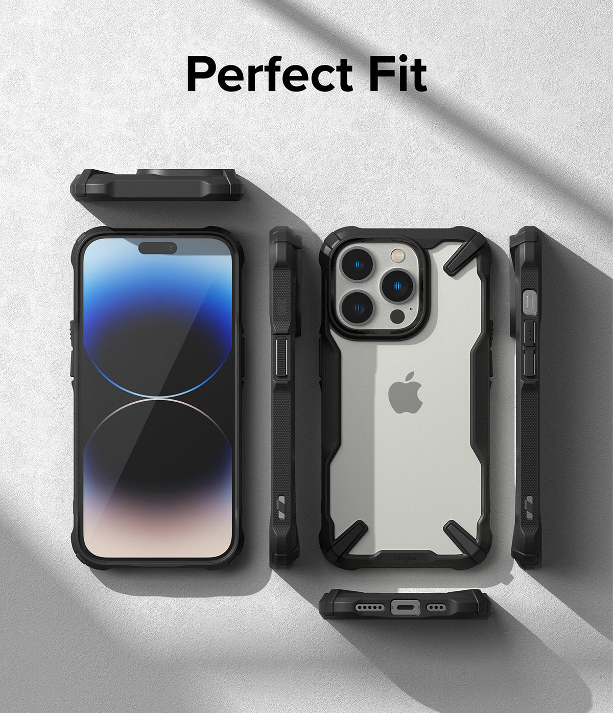 iPhone 14 Pro Case | Fusion-X - Exploded view of a black protective phone case surrounding an iPhone 14 Pro on a gray background.
