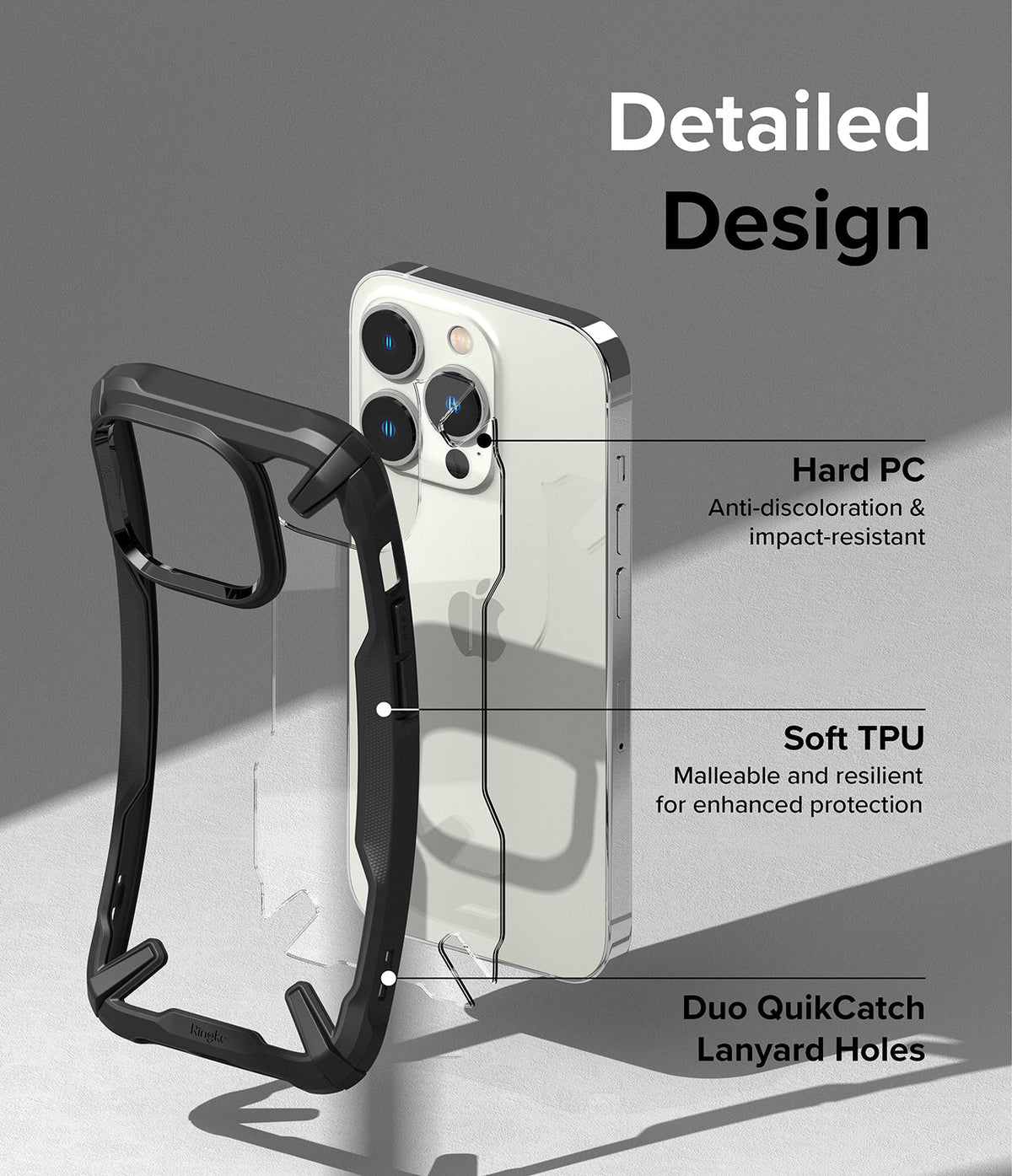 iPhone 14 Pro Case | Fusion-X - Diagram showing hard PC, soft TPU, and lanyard holes on a protective phone case.