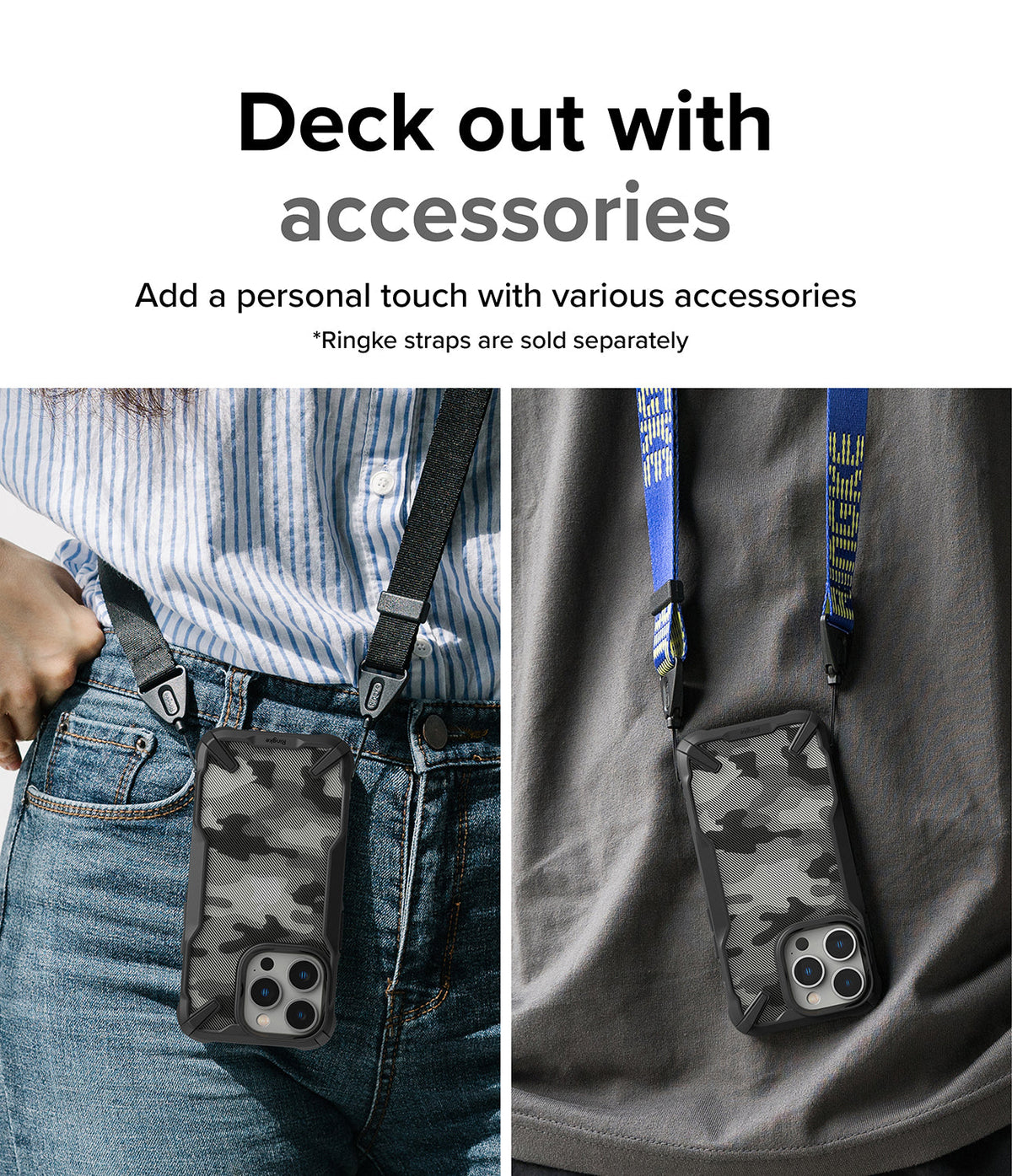 iPhone 14 Pro Case | Fusion-X - Two views of a camo iPhone 14 Pro case attached to different neck straps worn by people.