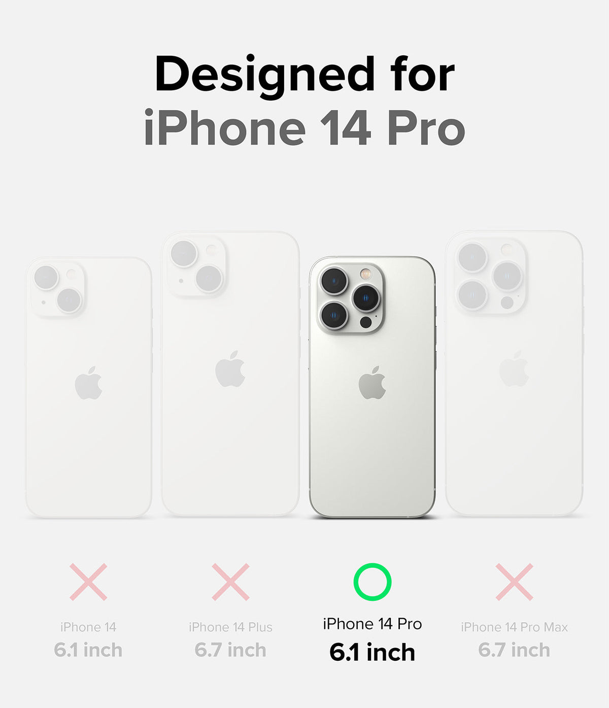 iPhone 14 Pro Case | Fusion-X - Comparison chart showing iPhone 14 Pro highlighted with a green checkmark among other models.