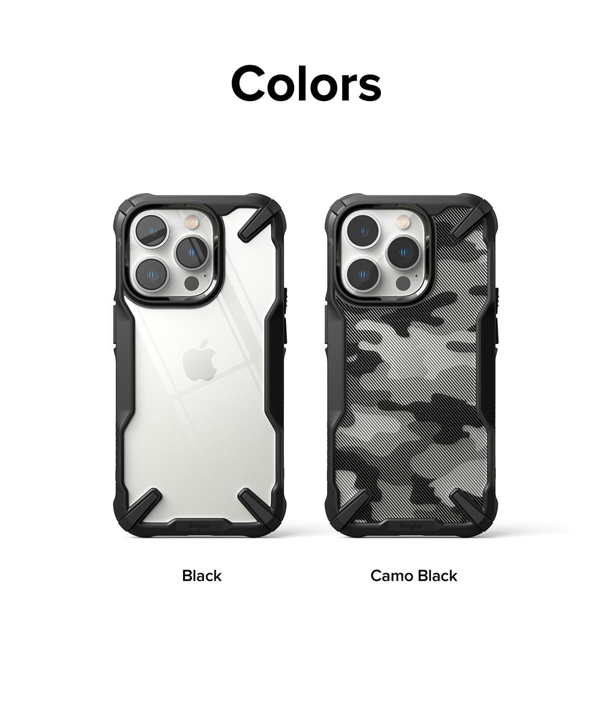 iPhone 14 Pro Case | Fusion-X - Two iPhone 14 Pro phones in clear and camo black Fusion-X cases side by side.