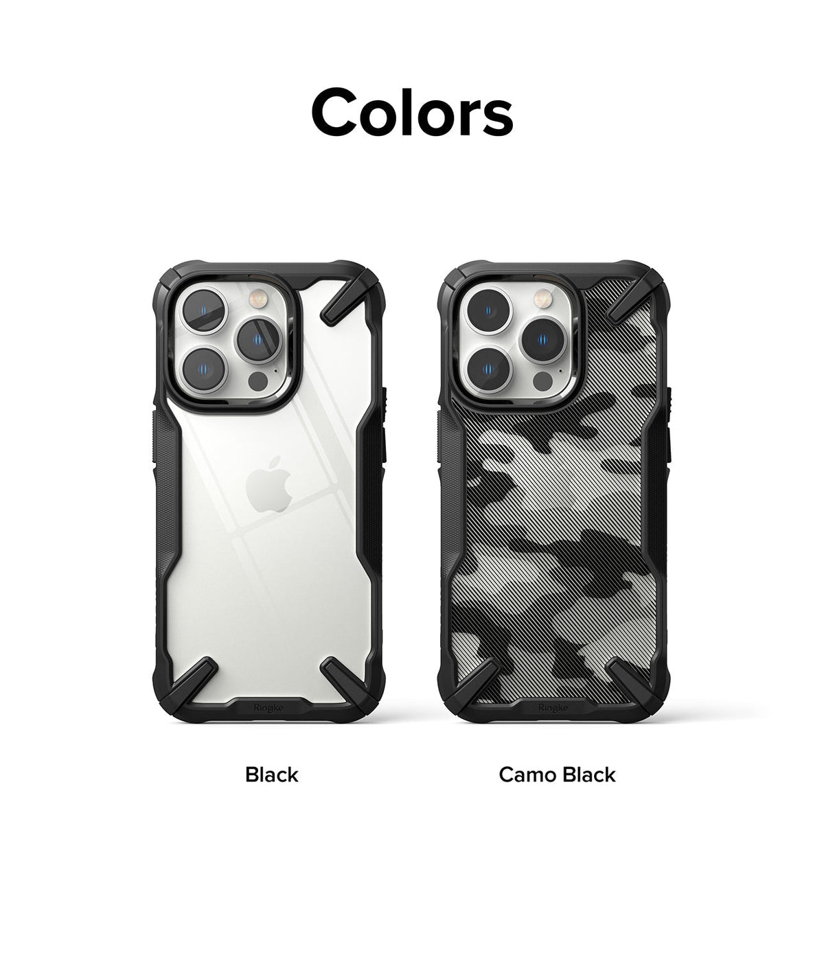 iPhone 14 Pro Case | Fusion-X - Two iPhone 14 Pro cases in Black and Camo Black with rugged bumpers and clear or patterned backs.