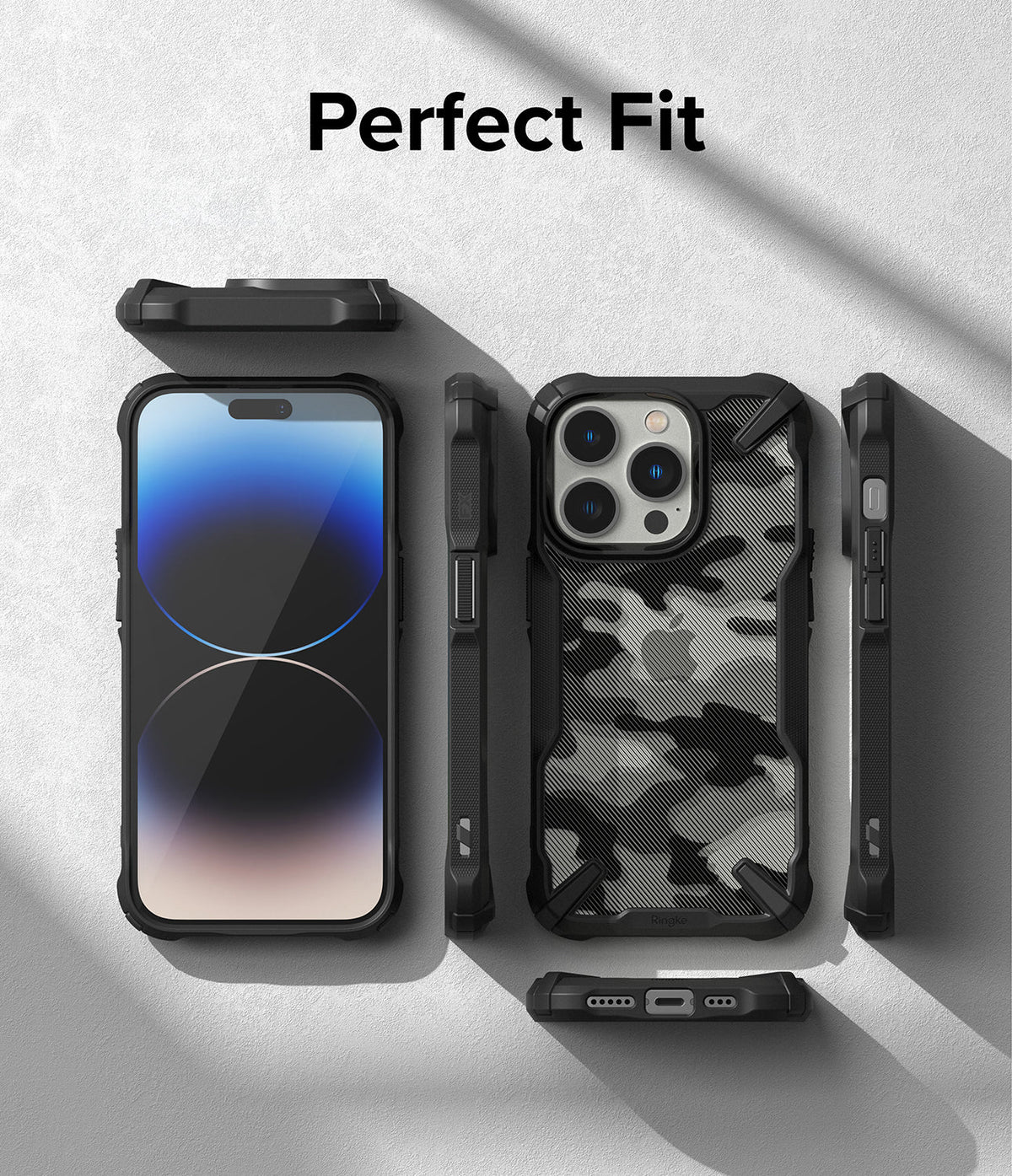 iPhone 14 Pro Case | Fusion-X - Multiple views of a black camouflage phone case showing front, back, and side profiles.