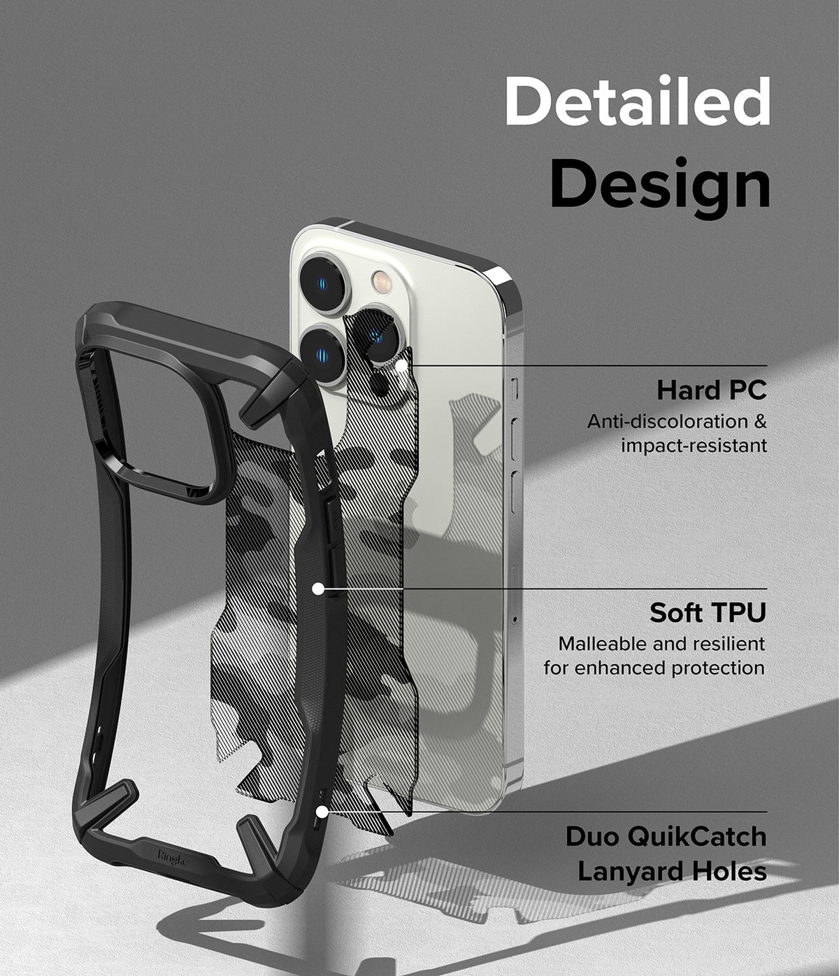iPhone 14 Pro Case | Fusion-X - Exploded view of phone case showing hard PC, soft TPU, and lanyard hole features.