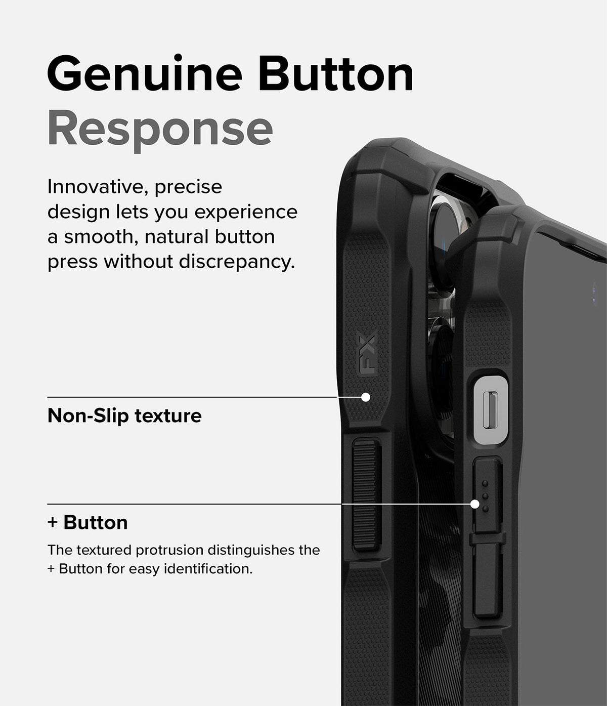 iPhone 14 Pro Case | Fusion-X - Close-up of phone case buttons highlighting non-slip texture and distinct plus button design.