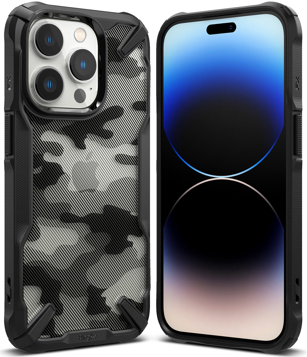 iPhone 14 Pro Max Case | Fusion-X - Black rugged case with camo back and front view of iPhone 14 Pro Max.