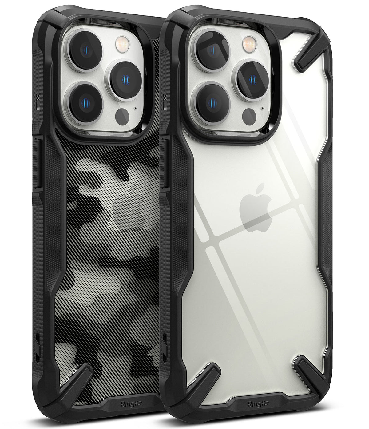 iPhone 14 Pro Case | Fusion-X - Two rugged iPhone 14 Pro cases with black bumpers, one clear and one with a black camo pattern.