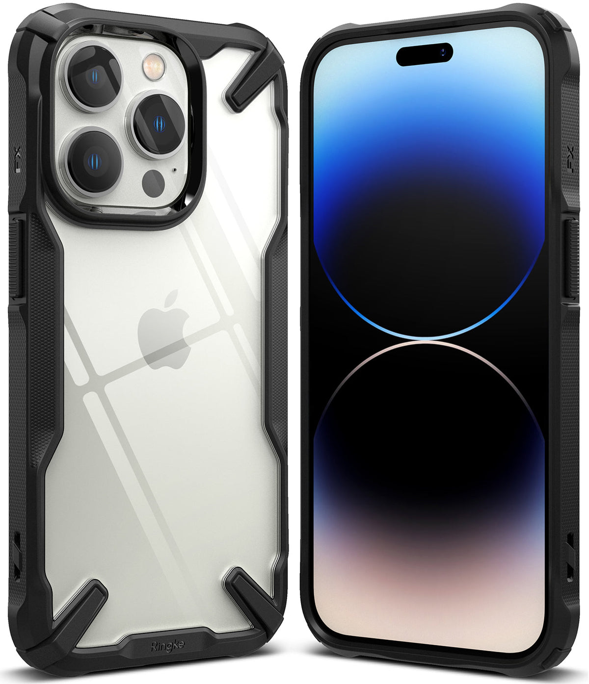 iPhone 14 Pro Case | Fusion-X - Front and back views of a clear phone case with a rugged black bumper frame.