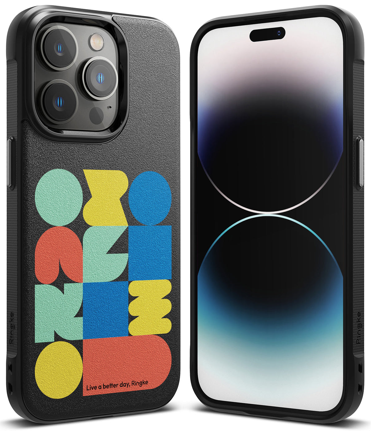 iPhone 14 Pro Case | Onyx Design - Black phone case with colorful geometric shapes and an iPhone 14 Pro screen view.