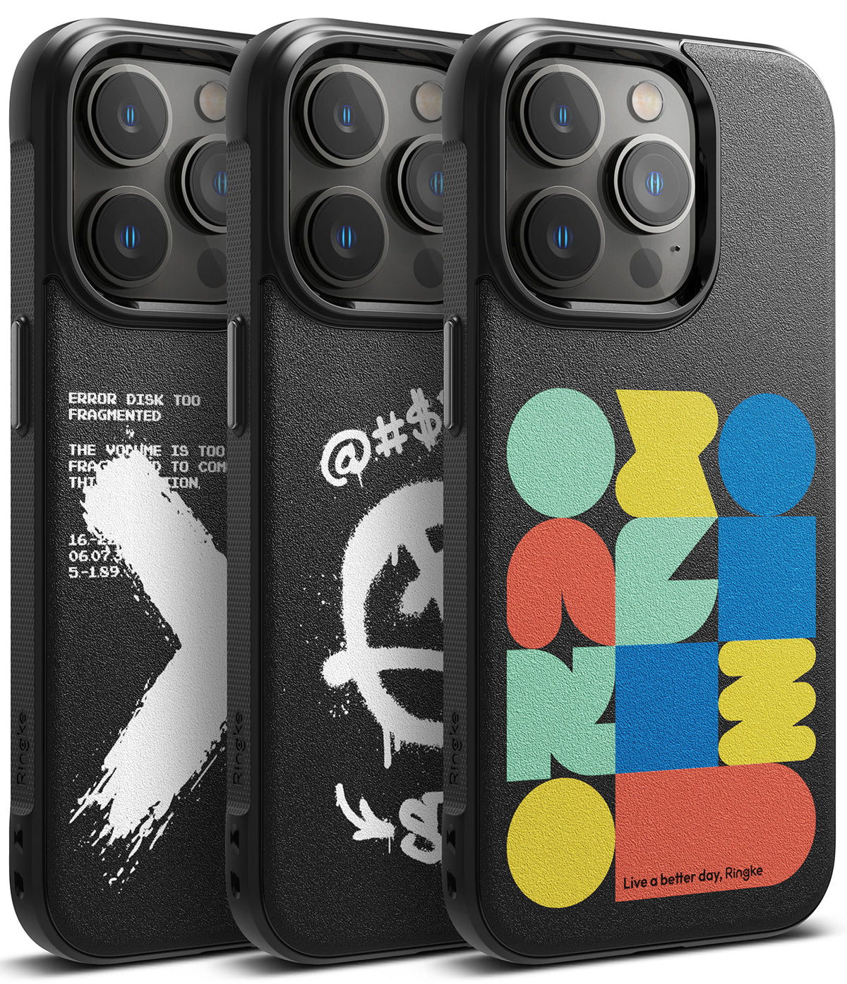 iPhone 14 Pro Case | Onyx Design - Three black iPhone 14 Pro cases with distinct white, graffiti, and colorful geometric designs.