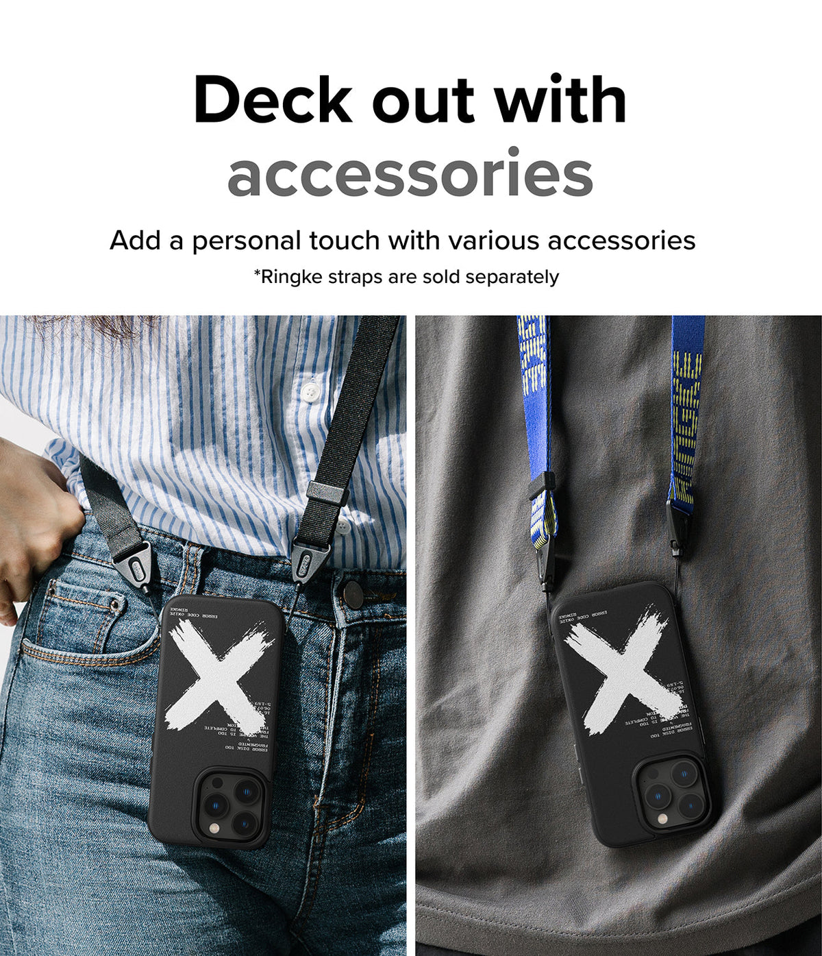 iPhone 14 Pro Max Case | Onyx Design - Two views of a black phone case with a white X graphic attached to neck straps.