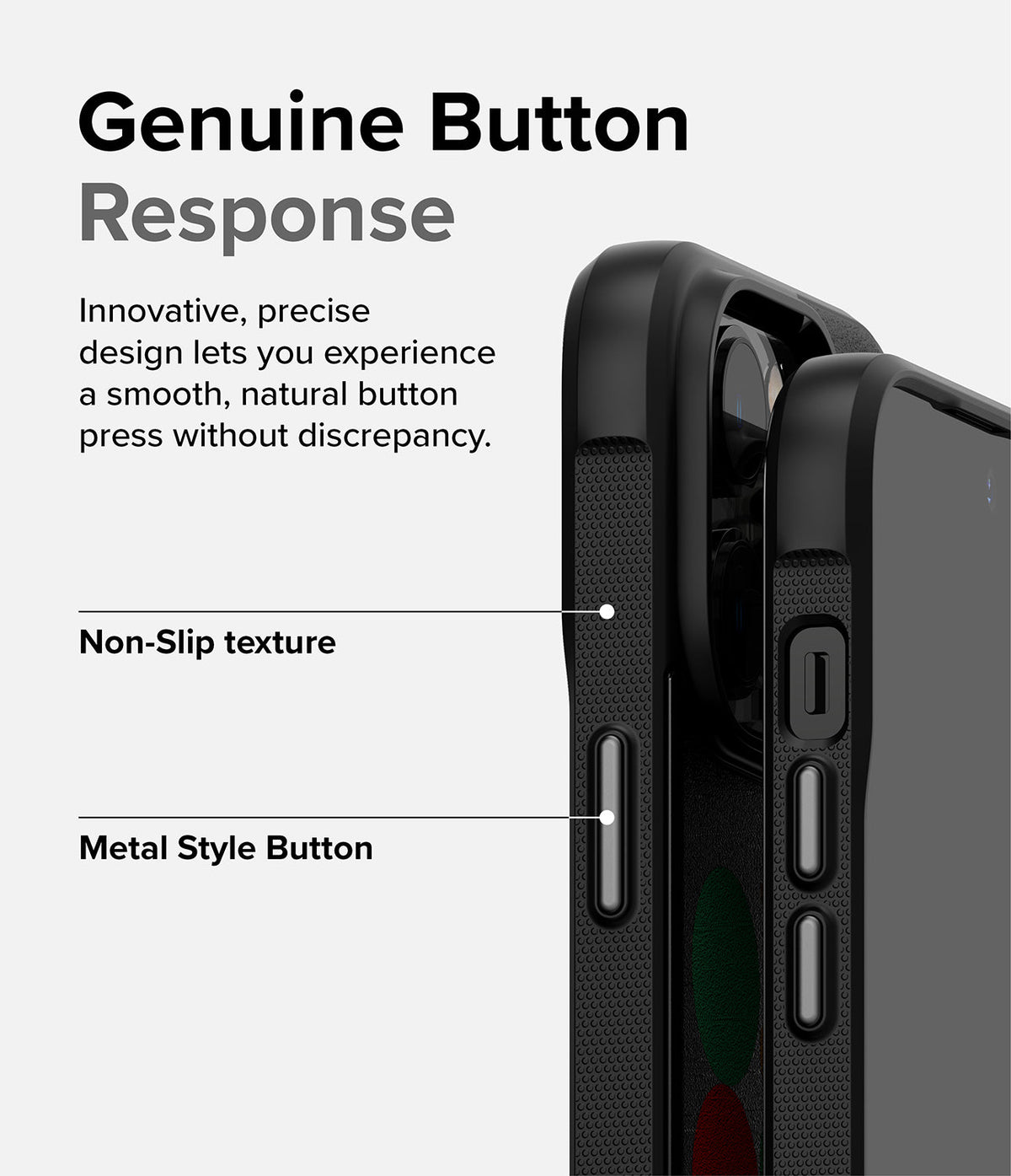 iPhone 14 Pro Case | Onyx Design - Close-up of phone case buttons with non-slip texture and metallic button accents.