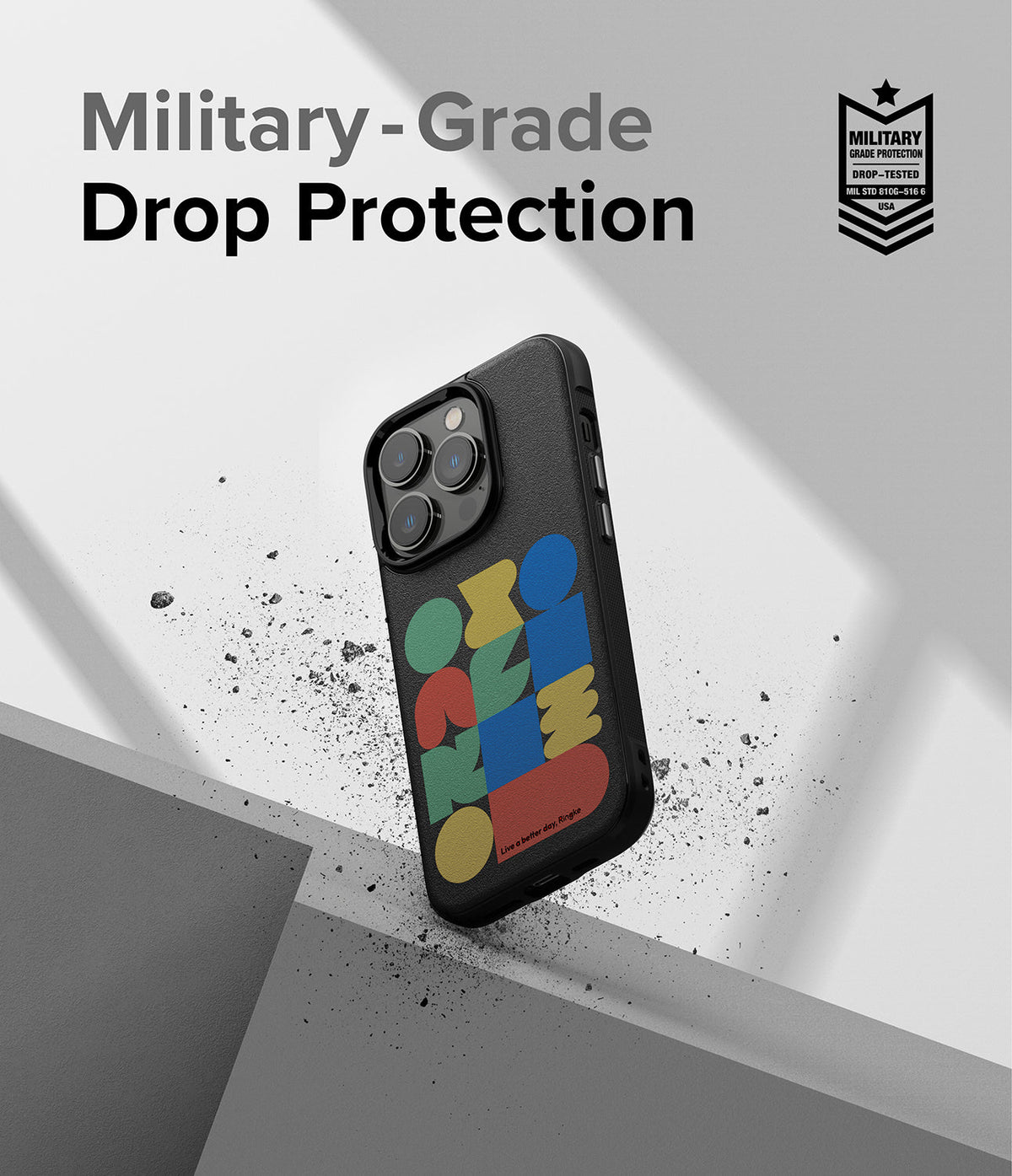 iPhone 14 Pro Case | Onyx Design - Black phone case with colorful geometric shapes against a gray background.