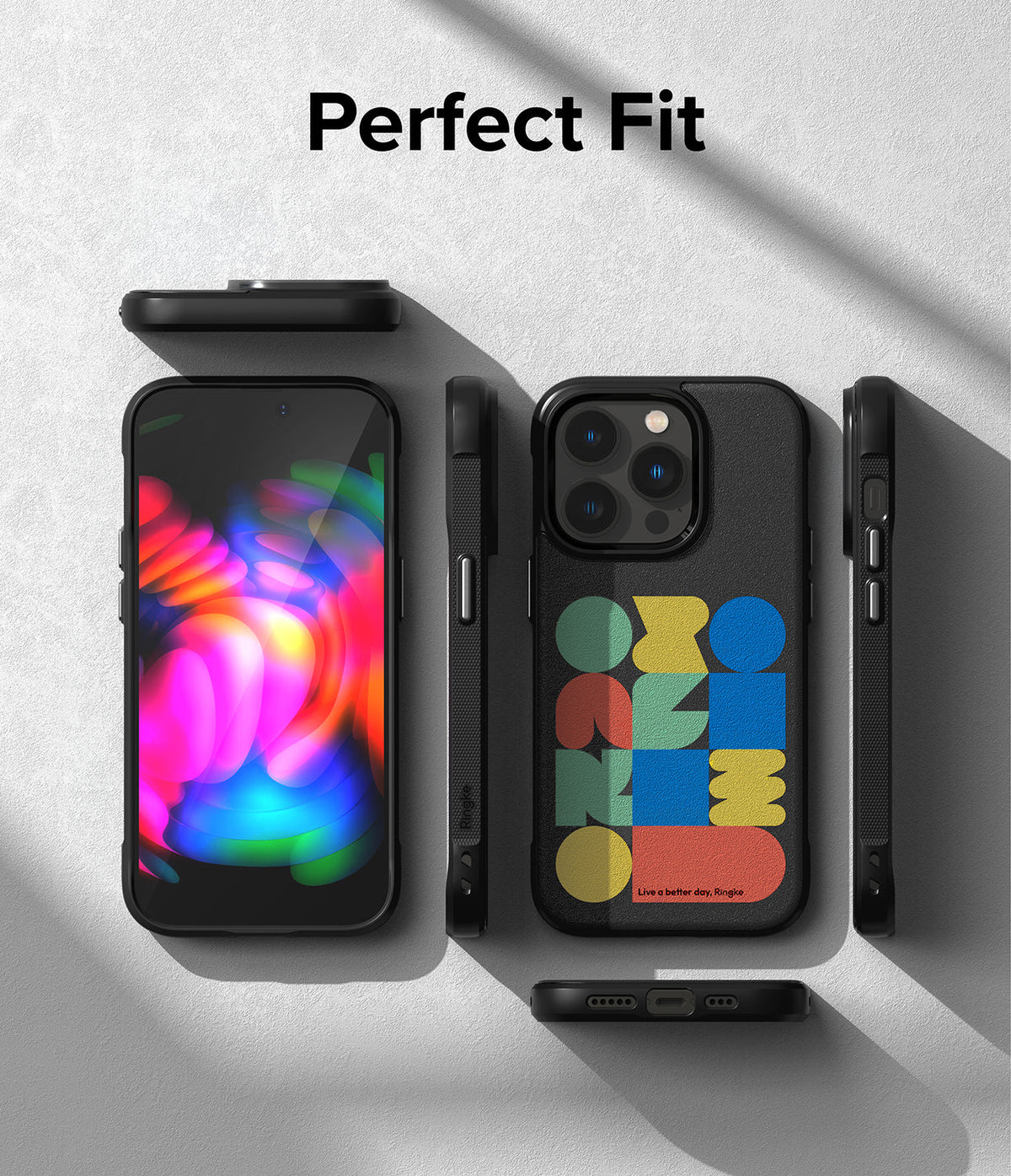 iPhone 14 Pro Case | Onyx Design - Black phone case with colorful geometric shapes, shown from multiple angles.