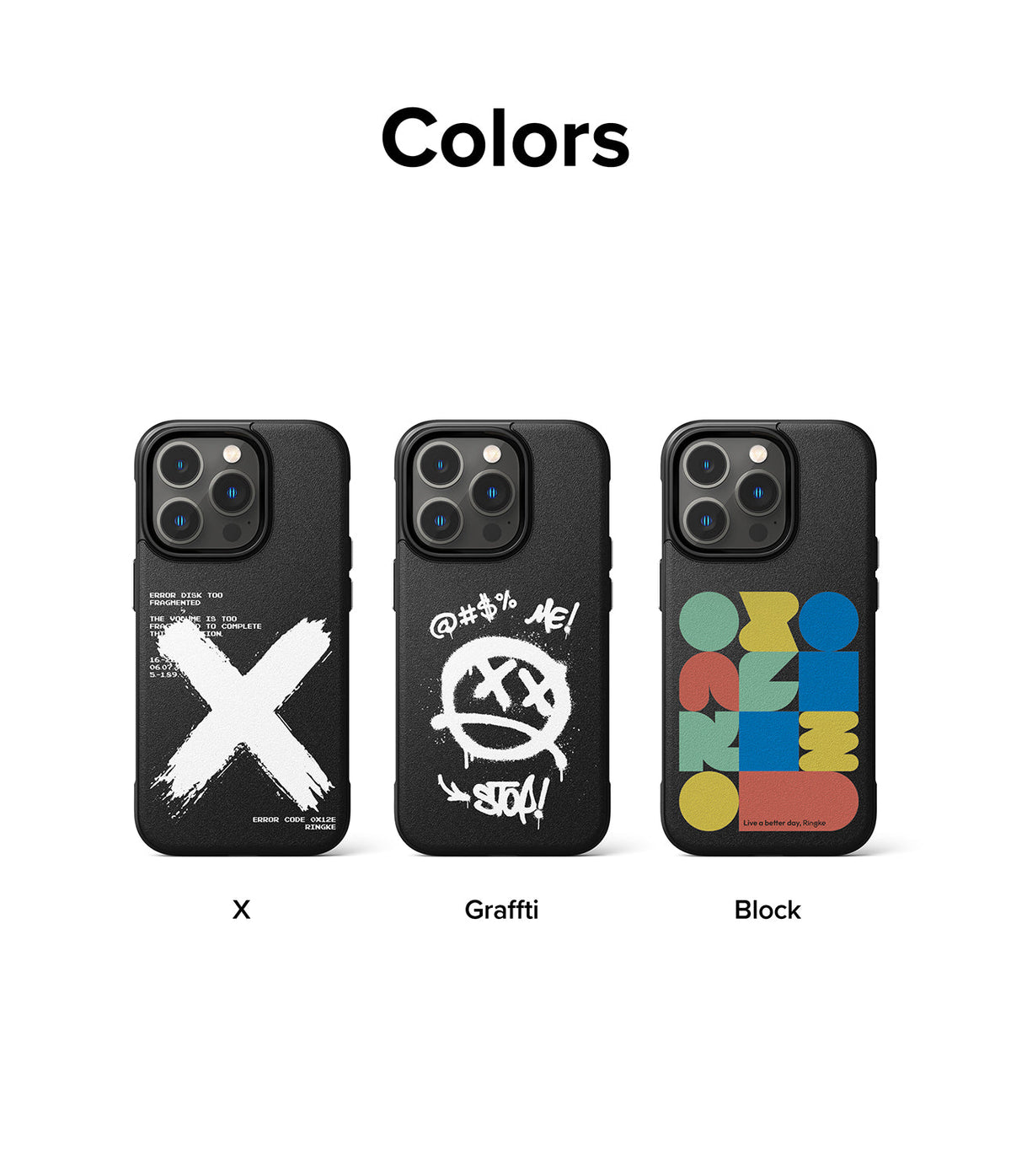 iPhone 14 Pro Case | Onyx Design - Three black phone cases featuring X, graffiti, and colorful block graphic designs.