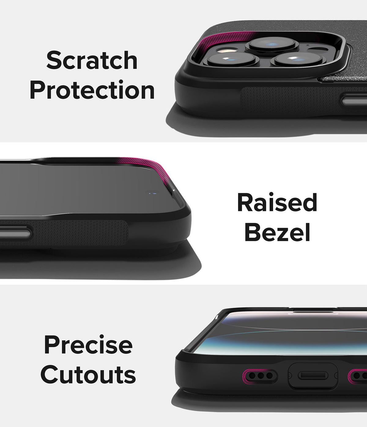 iPhone 14 Pro Max Case | Onyx Design - Close-ups of a black phone case highlighting camera protection, raised screen bezels, and precise port cutouts.