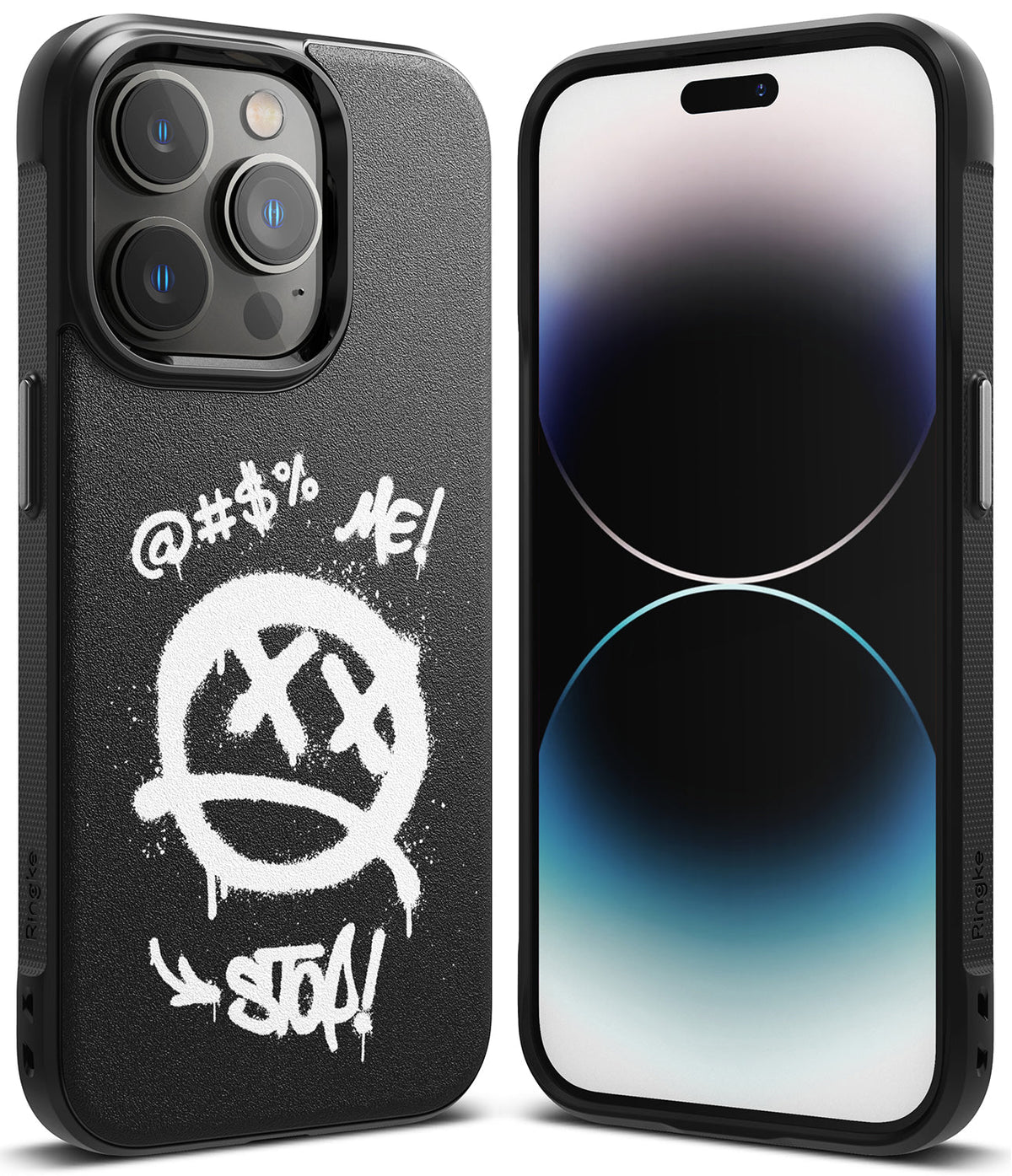iPhone 14 Pro Case | Onyx Design - Black case with white graffiti-style smiley face and text on a textured back.