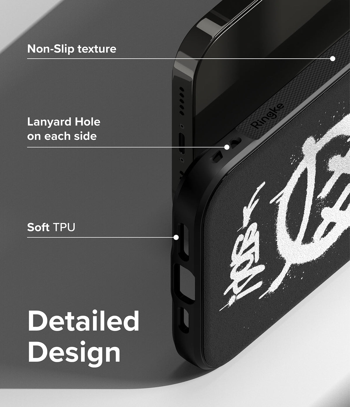 iPhone 14 Pro Max Case | Onyx Design - Close-up of black phone case highlighting non-slip texture, lanyard holes, and soft TPU.