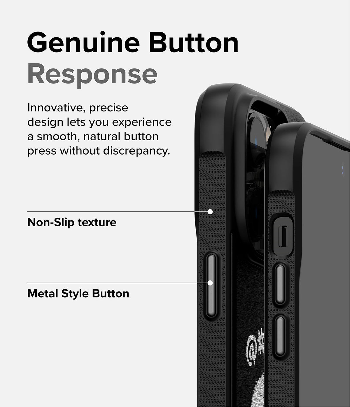 iPhone 14 Pro Case | Onyx Design - Close-up of phone case buttons with non-slip texture and metallic button accents.