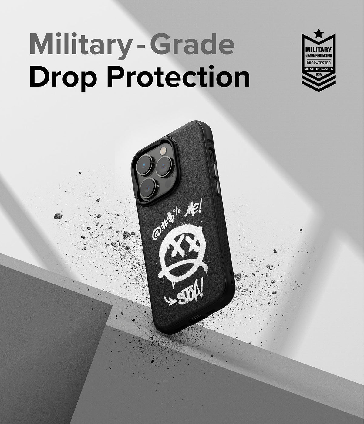 iPhone 14 Pro Case | Onyx Design - Black phone case with white graffiti smiley face art and military-grade drop protection badge.