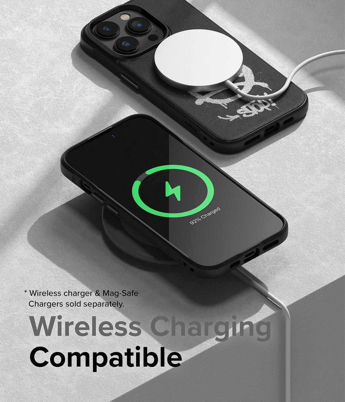 iPhone 14 Pro Max Case | Onyx Design - Black phone case with graffiti art charging wirelessly via MagSafe.