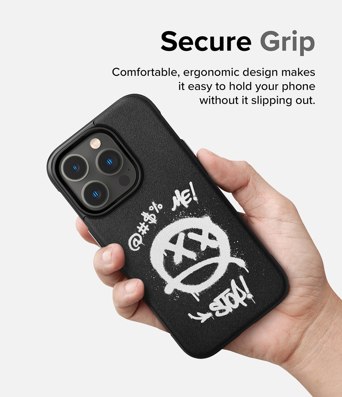 iPhone 14 Pro Case | Onyx Design - Hand holding a black phone case with white graffiti-style text and a skull icon.