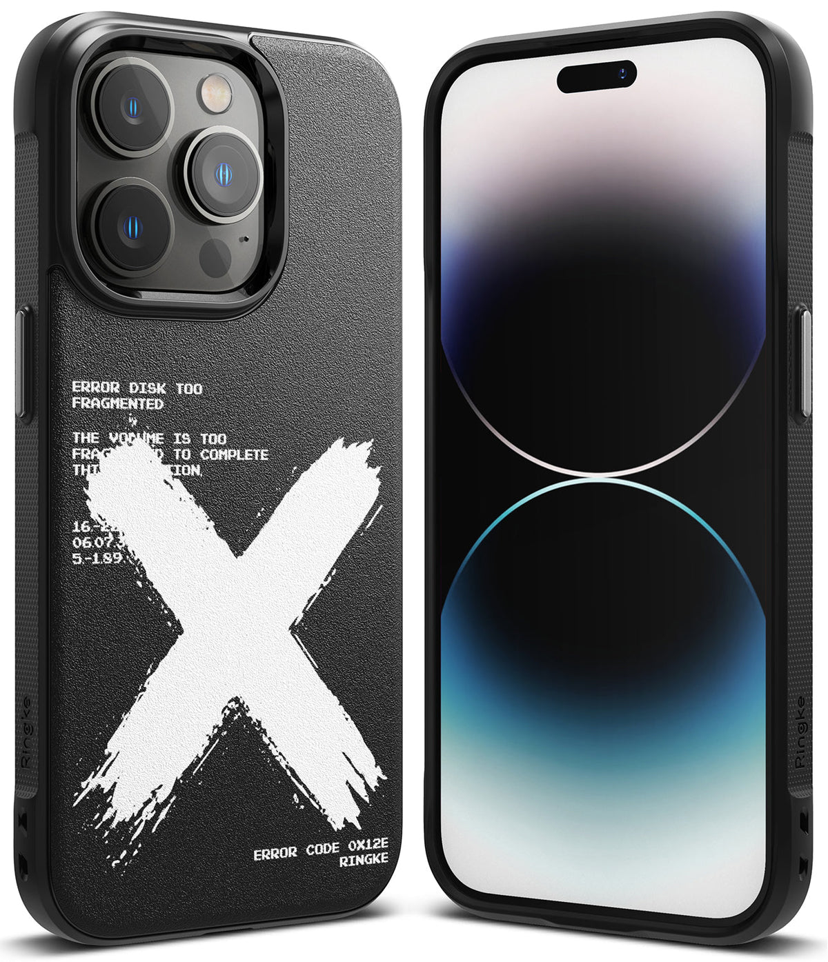 iPhone 14 Pro Max Case | Onyx Design - Black phone case with white brushstroke X and error message text on back.
