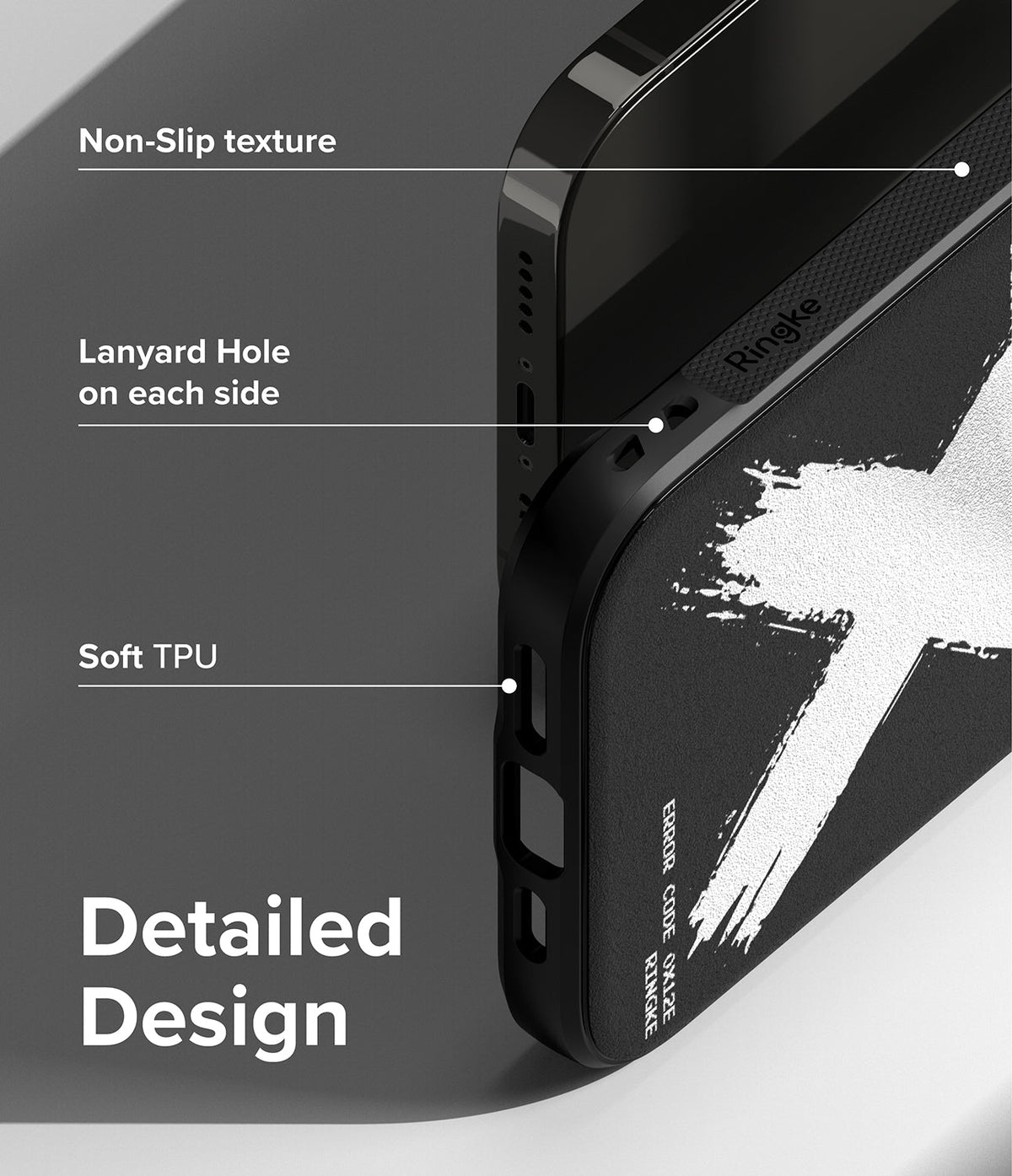 iPhone 14 Pro Max Case | Onyx Design - Close-up of black phone case highlighting non-slip texture, lanyard holes, and TPU material.