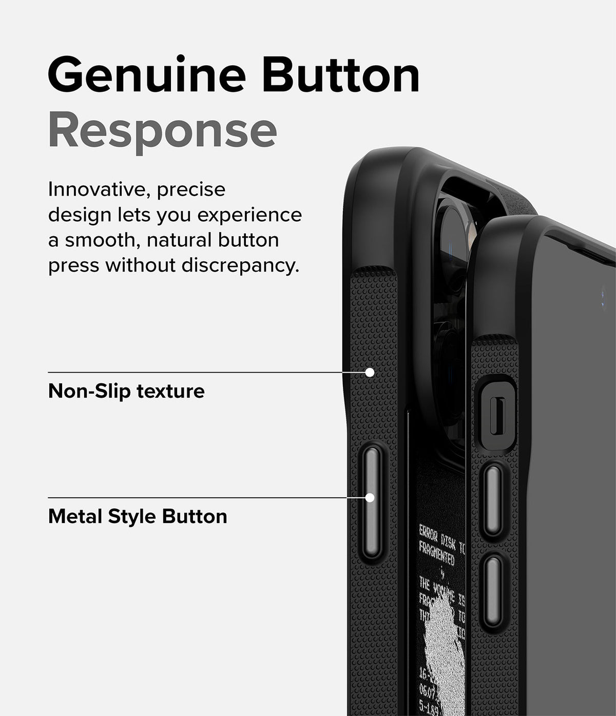 iPhone 14 Pro Case | Onyx Design - Close-up of a black phone case showing textured sides and metallic buttons with descriptive labels.