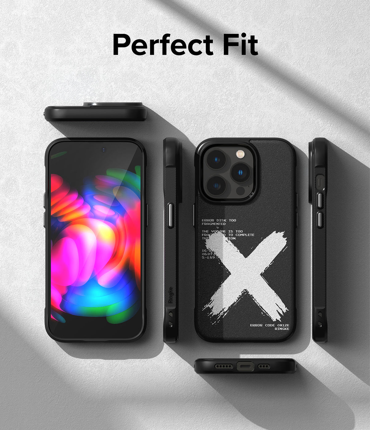 iPhone 14 Pro Case | Onyx Design - Multiple views of a black phone case with a white X graphic on a textured background.