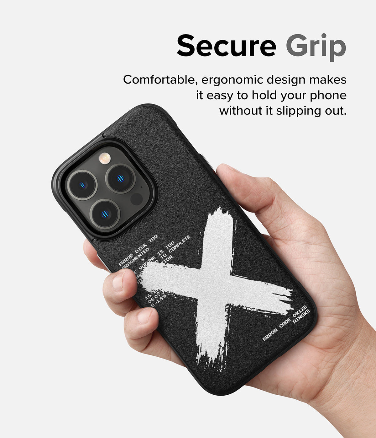 iPhone 14 Pro Case | Onyx Design - Hand holding a black phone case with a white brushstroke X and technical text.