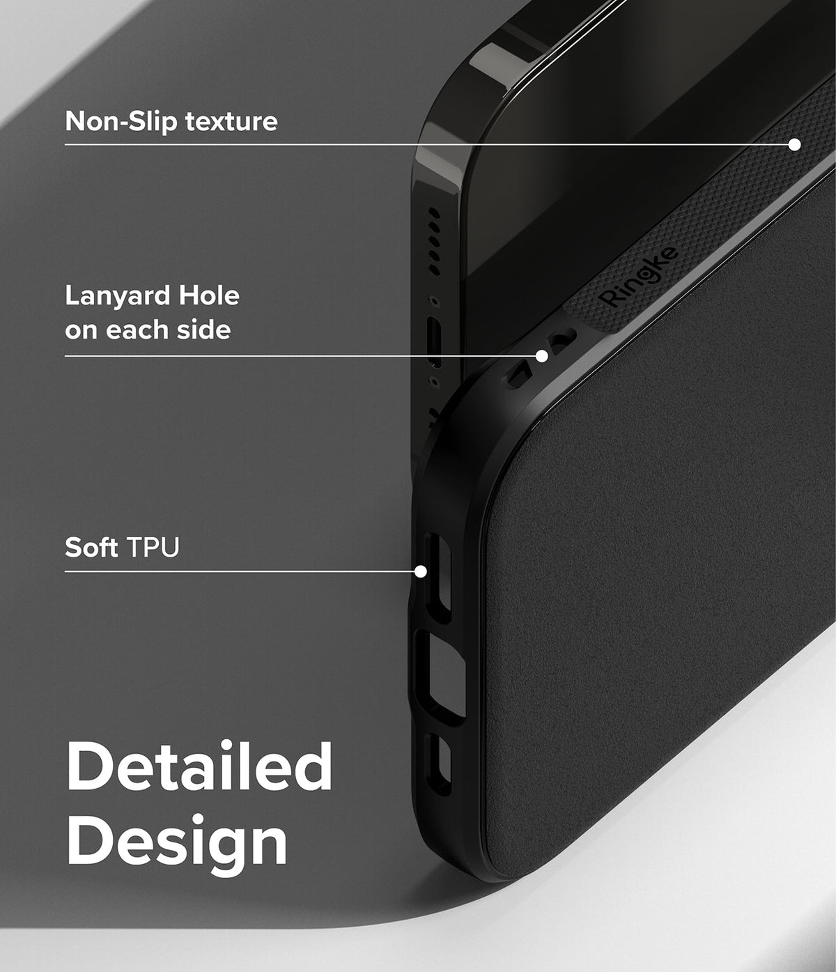 iPhone 14 Pro Case | Onyx - Close-up of black phone case highlighting non-slip texture, lanyard holes, and soft TPU material.