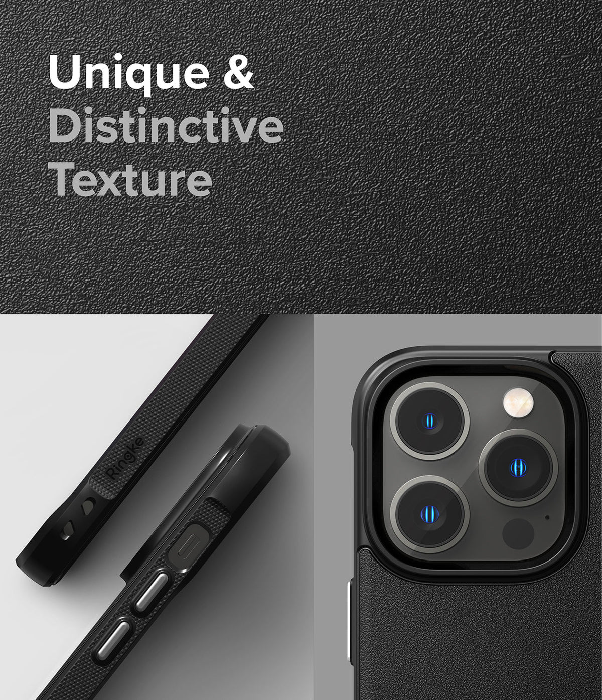 iPhone 14 Pro Case | Onyx - Close-up of a black textured phone case showing side buttons and the triple-lens camera array.