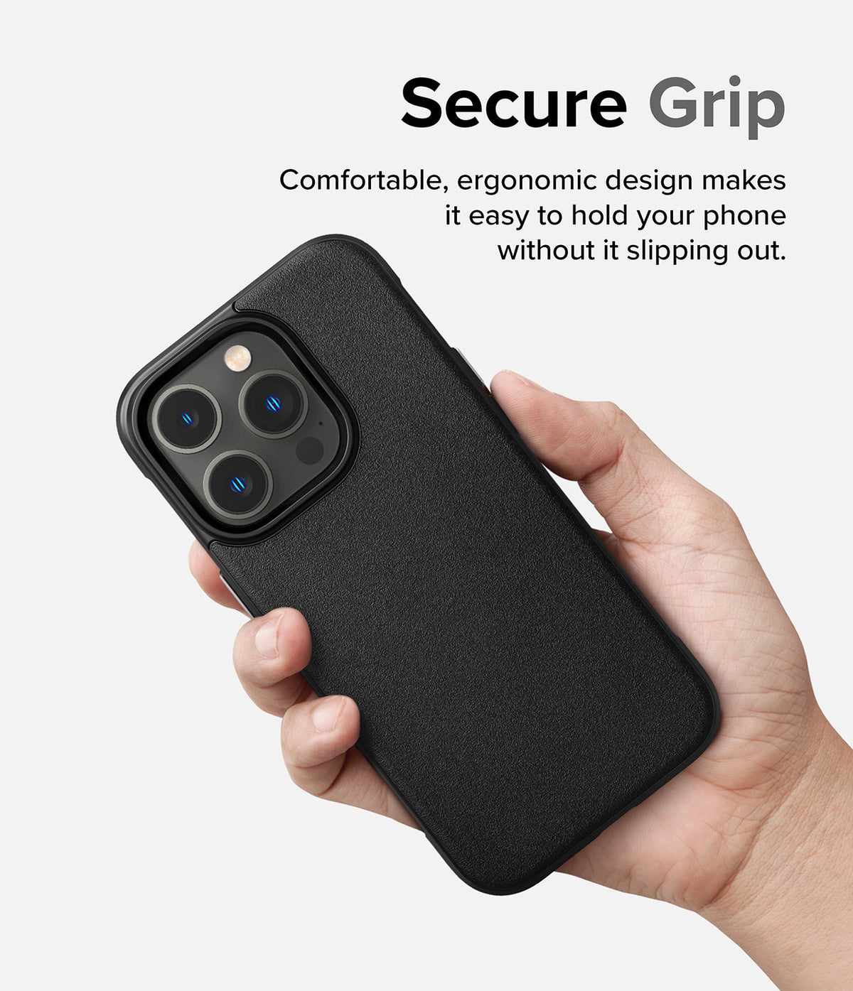 iPhone 14 Pro Case | Onyx - A hand holding a black textured iPhone 14 Pro case with the text Secure Grip above it.