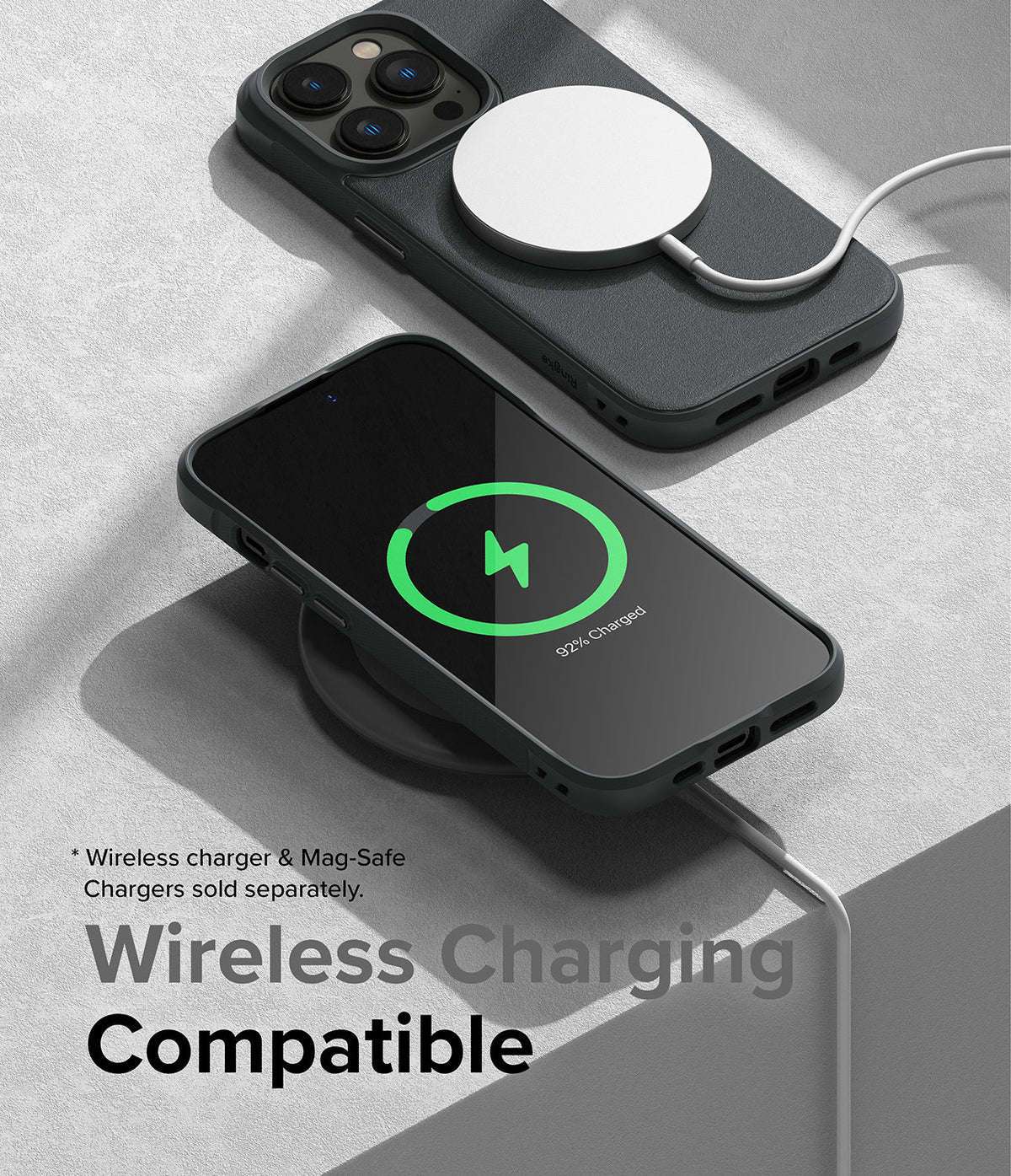 iPhone 14 Pro Case | Onyx - Black phone case with MagSafe charger attached and another phone charging wirelessly.