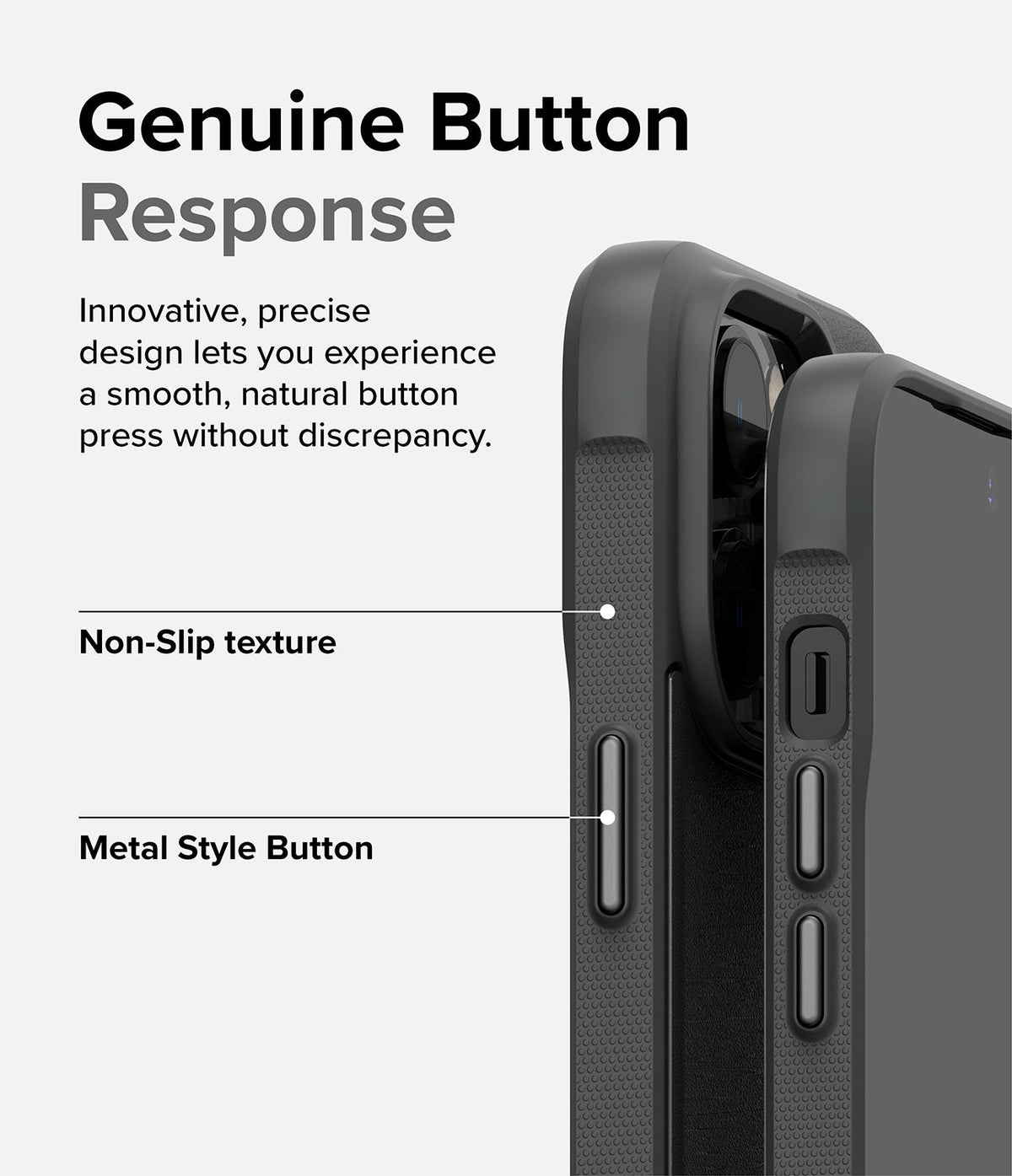 iPhone 14 Pro Case | Onyx - Close-up of black phone case highlighting textured sides and metallic buttons with descriptive text.
