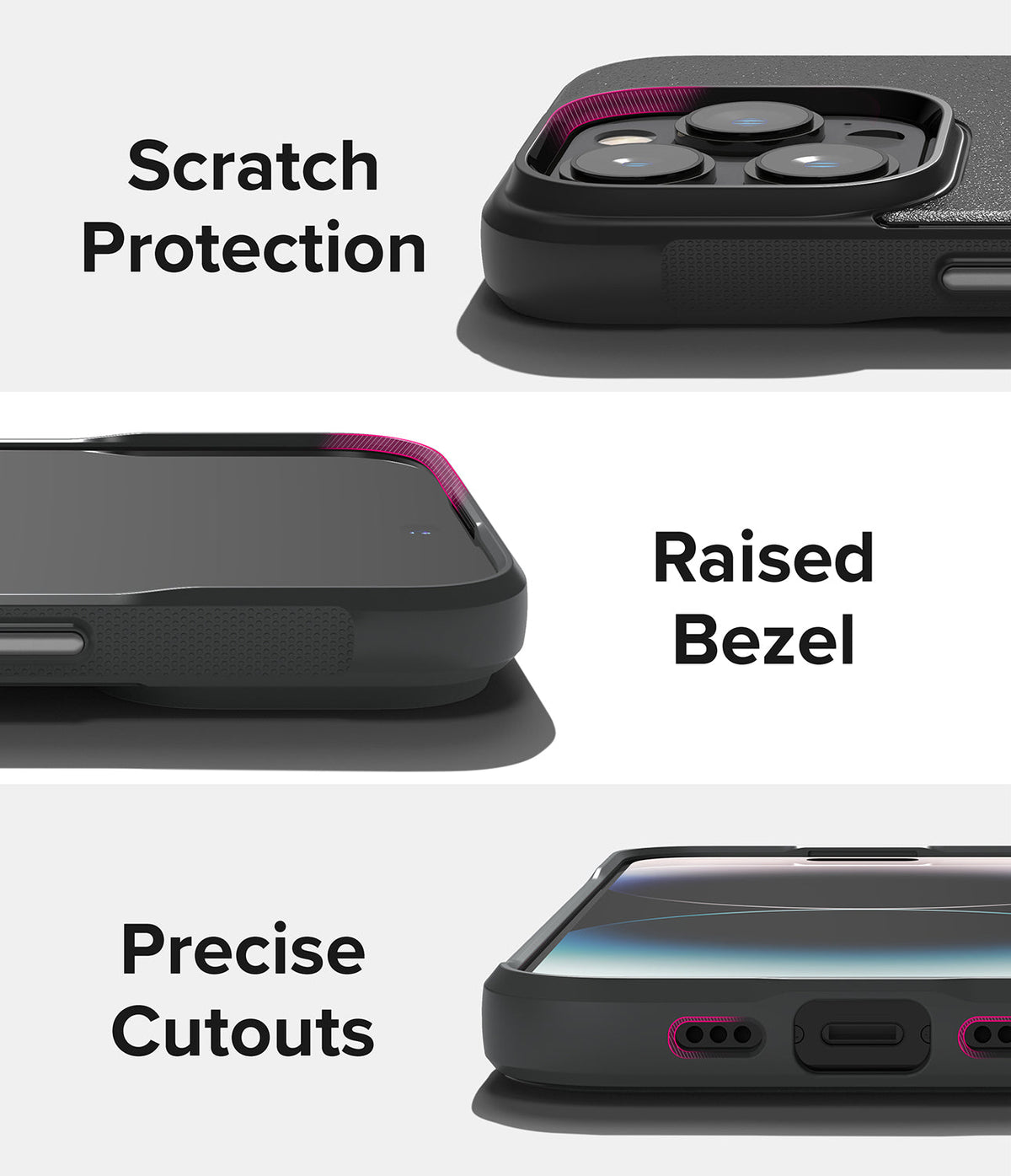 iPhone 14 Pro Case | Onyx - Close-ups of phone case features: camera scratch protection, raised screen bezel, and precise cutouts.