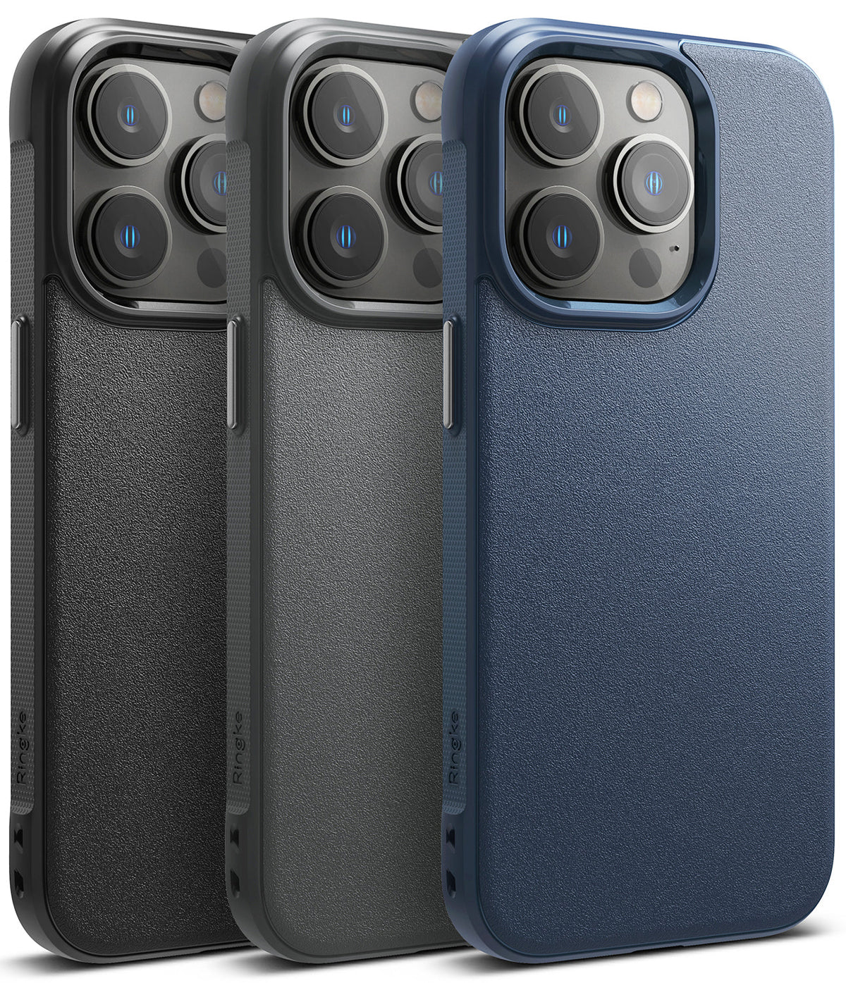 iPhone 14 Pro Max Case | Onyx - Three textured iPhone 14 Pro Max cases in black, gray, and blue arranged side-by-side.