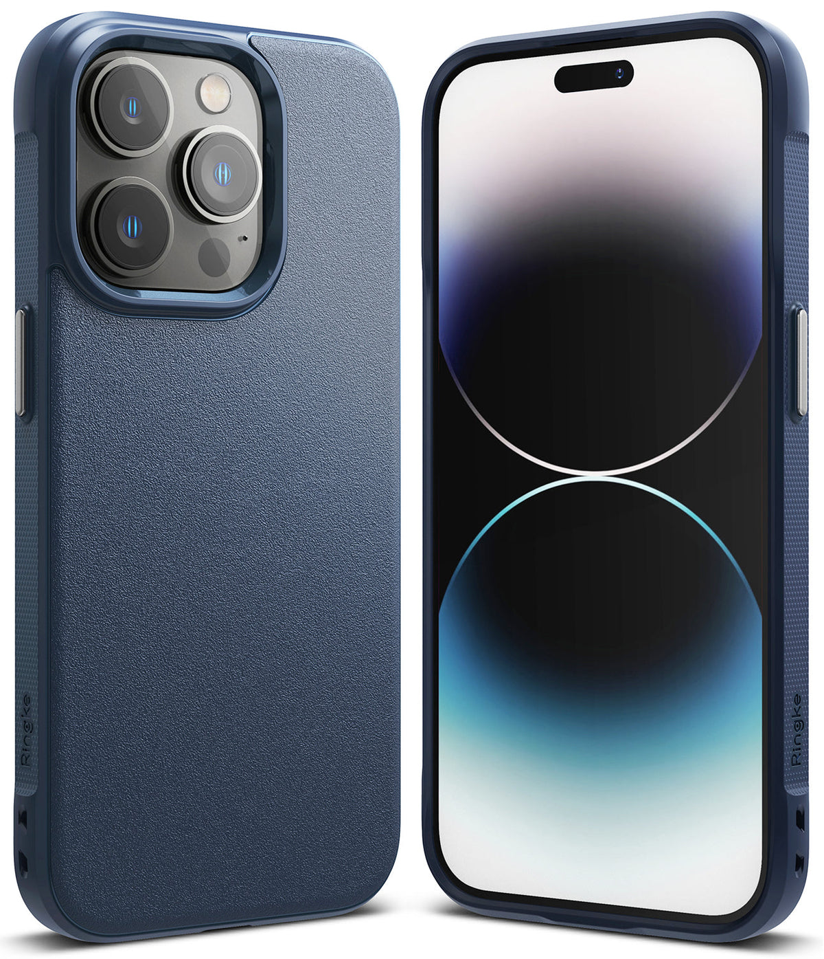 iPhone 14 Pro Case | Onyx - Navy blue textured protective case shown from the back and front on an iPhone 14 Pro.