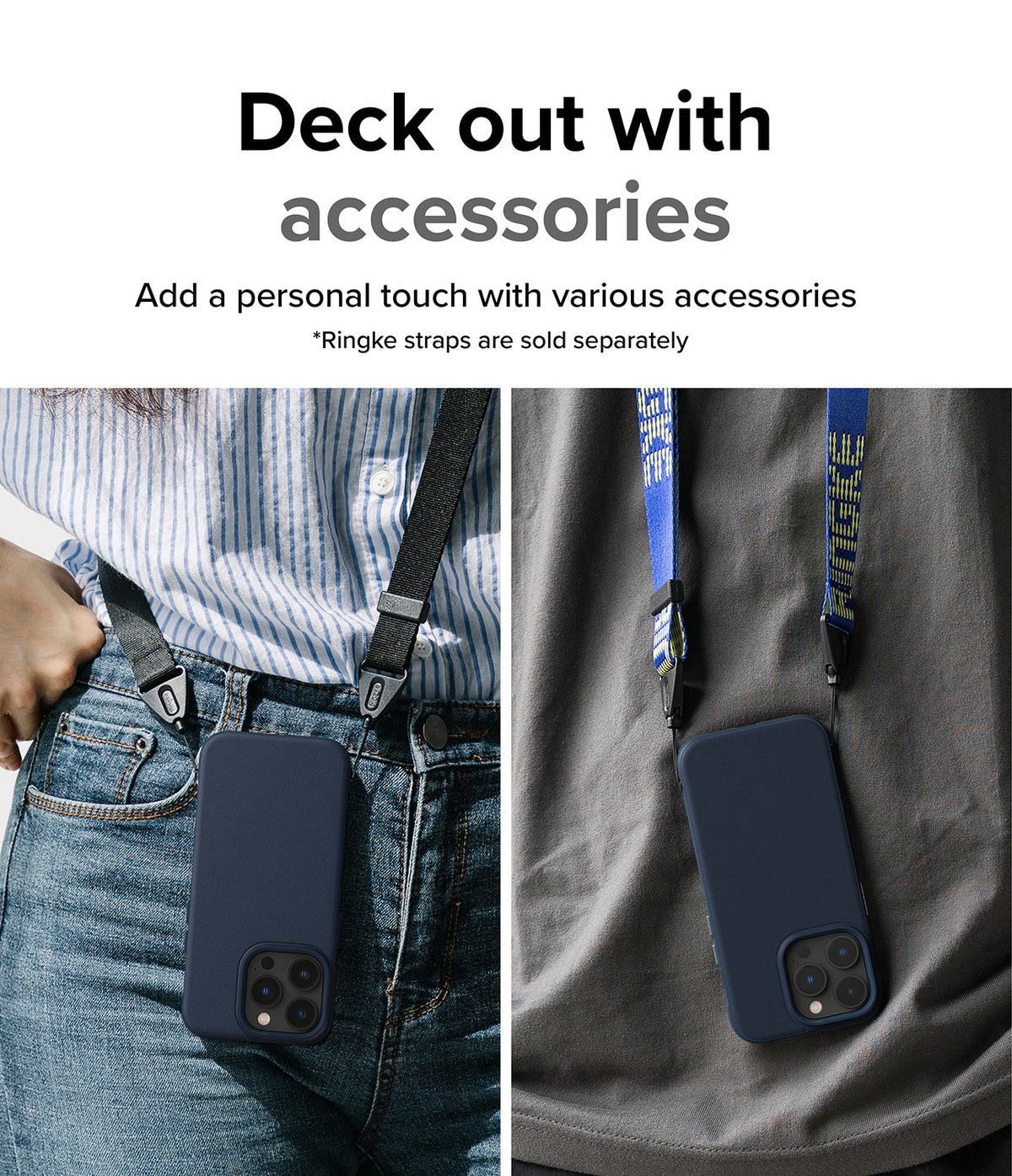 iPhone 14 Pro Case | Onyx - Two views of a navy phone case attached to different colored neck straps worn by people.