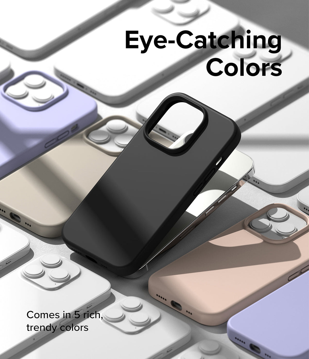 iPhone 14 Pro Case | Silicone - A black silicone iPhone 14 Pro case surrounded by other cases in various pastel colors.