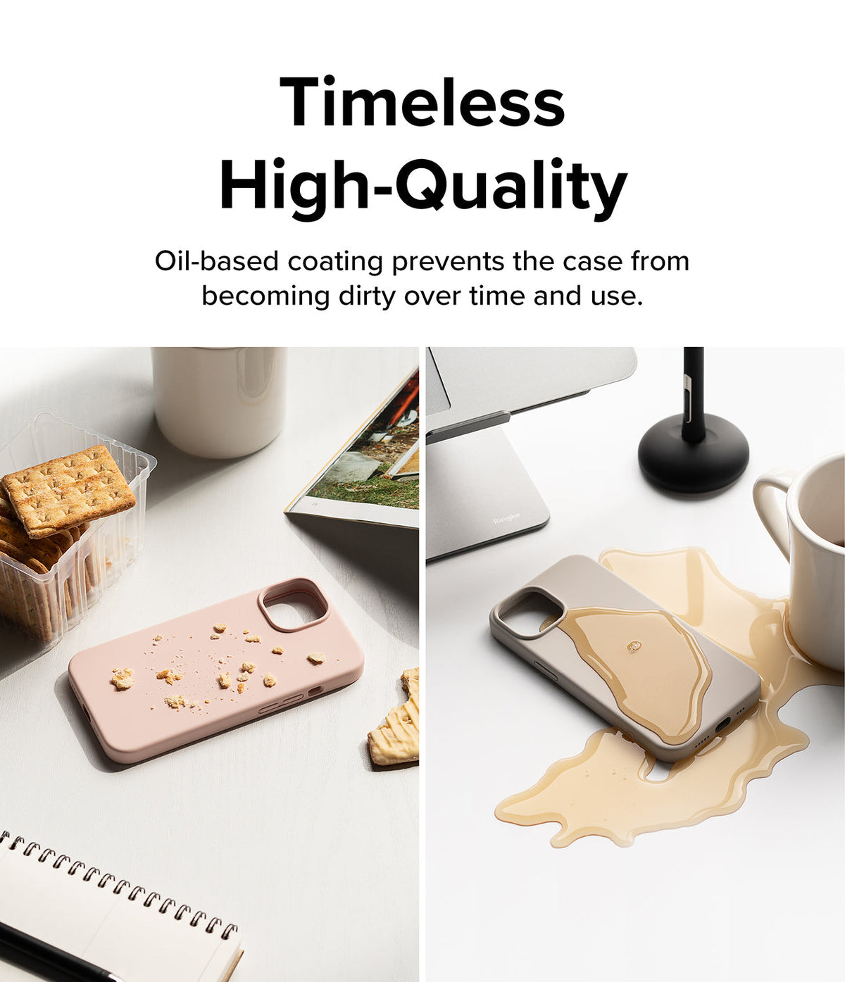 iPhone 14 Pro Case | Silicone - Two silicone phone cases resisting crumbs and liquid spills on a desk.