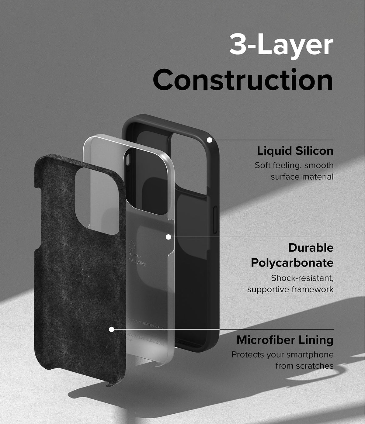 iPhone 14 Pro Case | Silicone - Exploded view showing liquid silicone, polycarbonate, and microfiber lining layers.