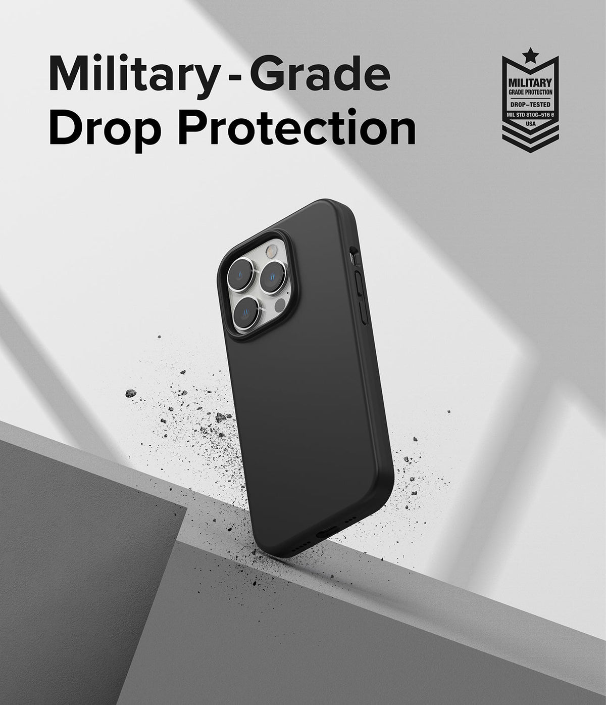 iPhone 14 Pro Case | Silicone - Black phone case floating above a geometric surface with military-grade protection text.