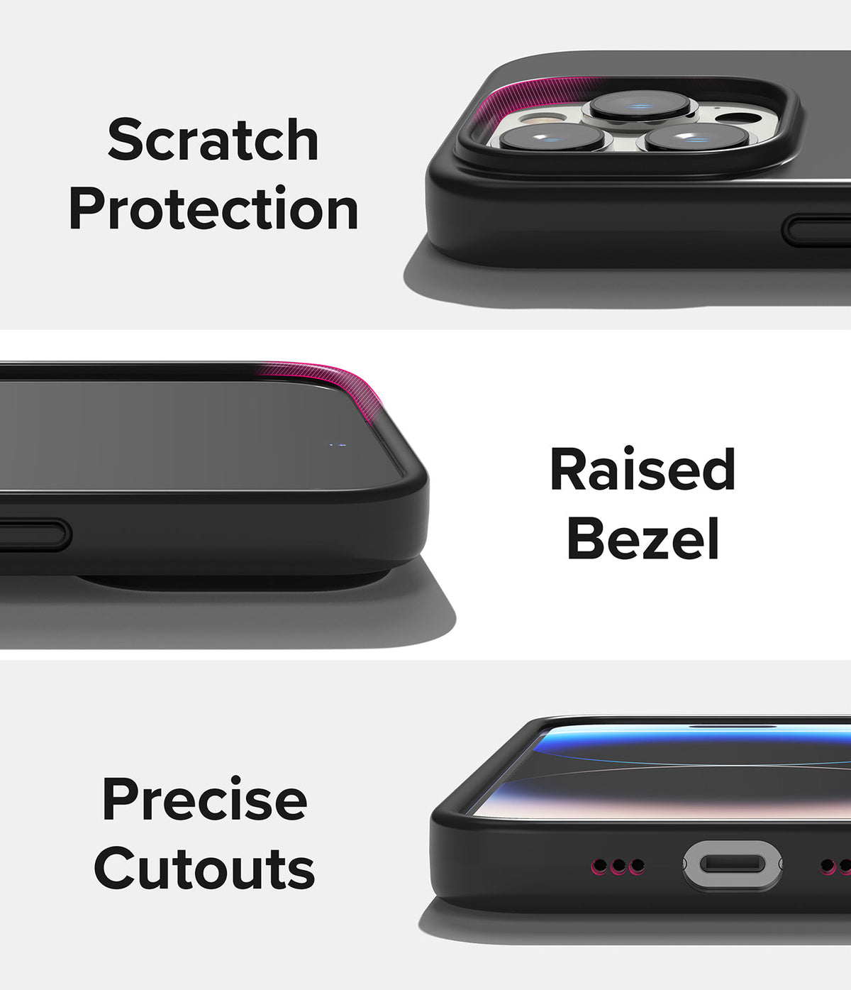 iPhone 14 Pro Case | Silicone - Close-ups showing camera protection, raised screen bezels, and precise port cutouts.