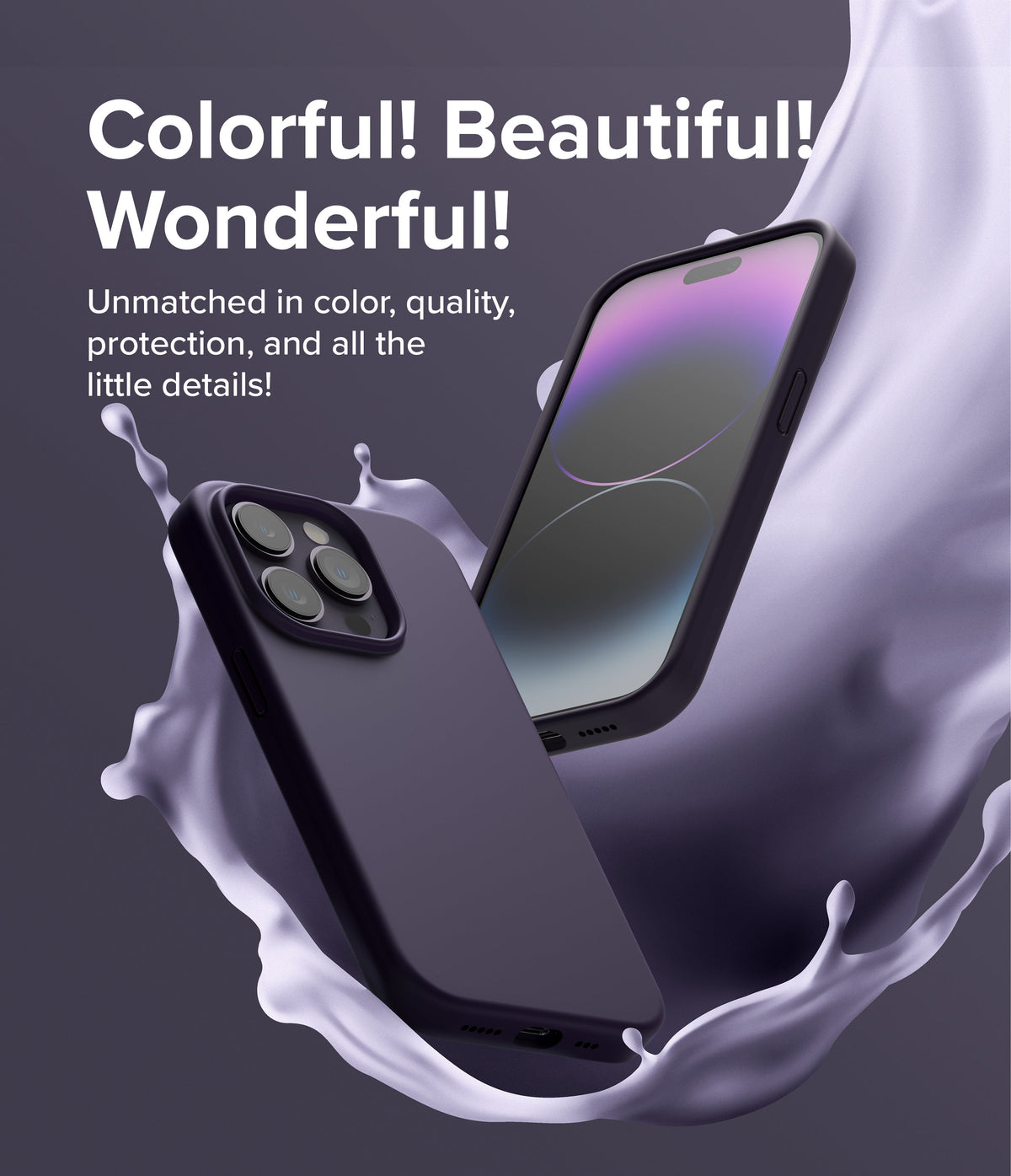 iPhone 14 Pro Case | Silicone - Dark purple iPhone 14 Pro in a matching silicone case surrounded by swirling liquid.