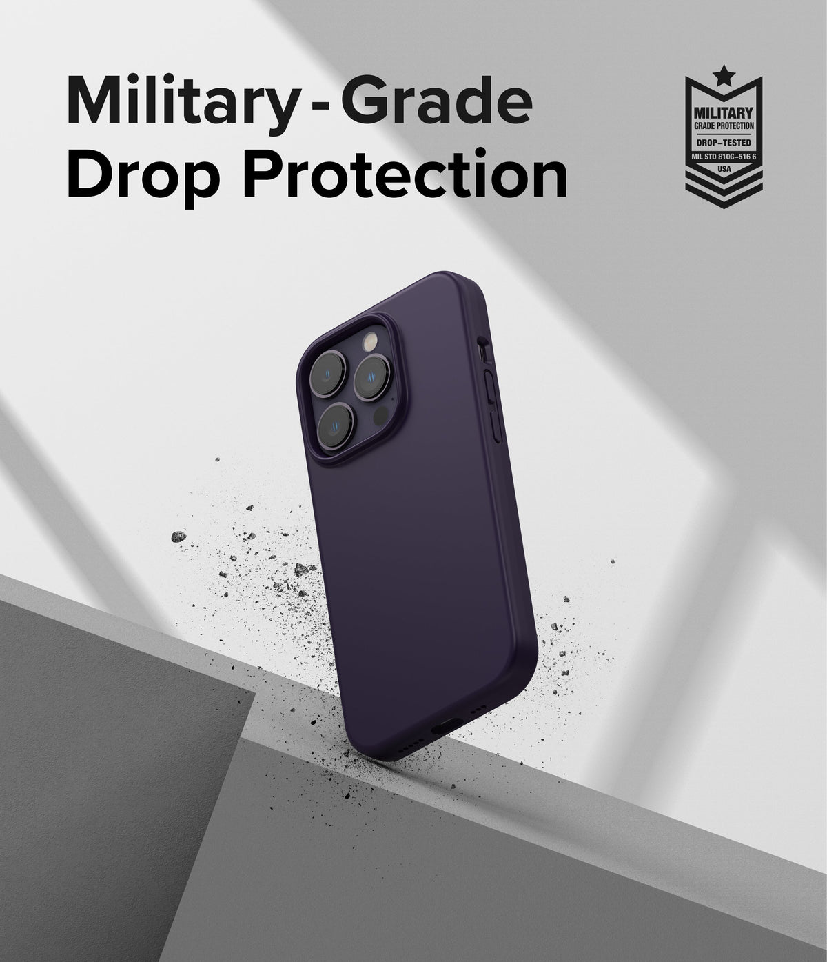 iPhone 14 Pro Case | Silicone - Purple phone case with military-grade drop protection badge and debris effect.