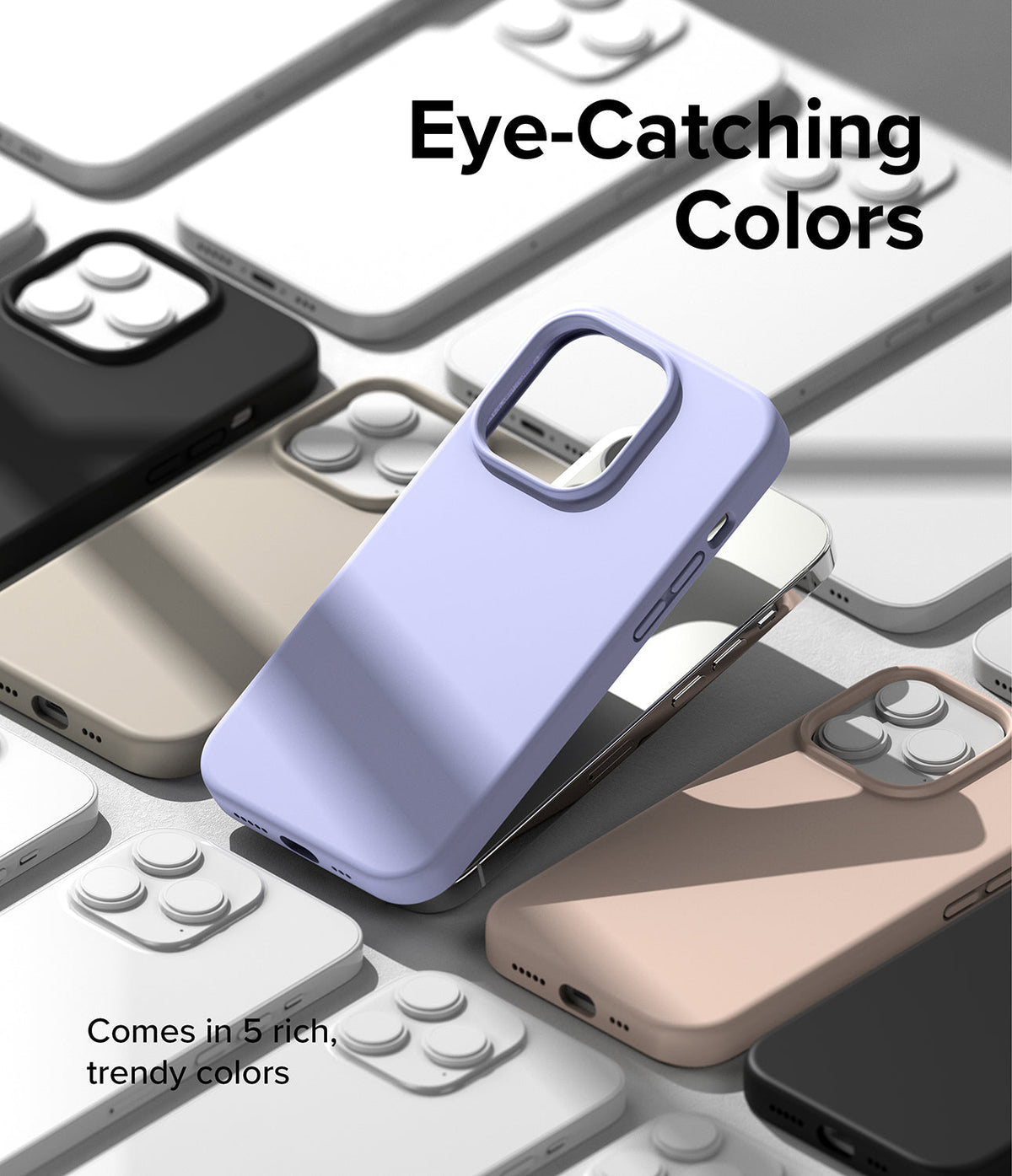 iPhone 14 Pro Case | Silicone - A lavender silicone phone case surrounded by various colored cases on a gray surface.