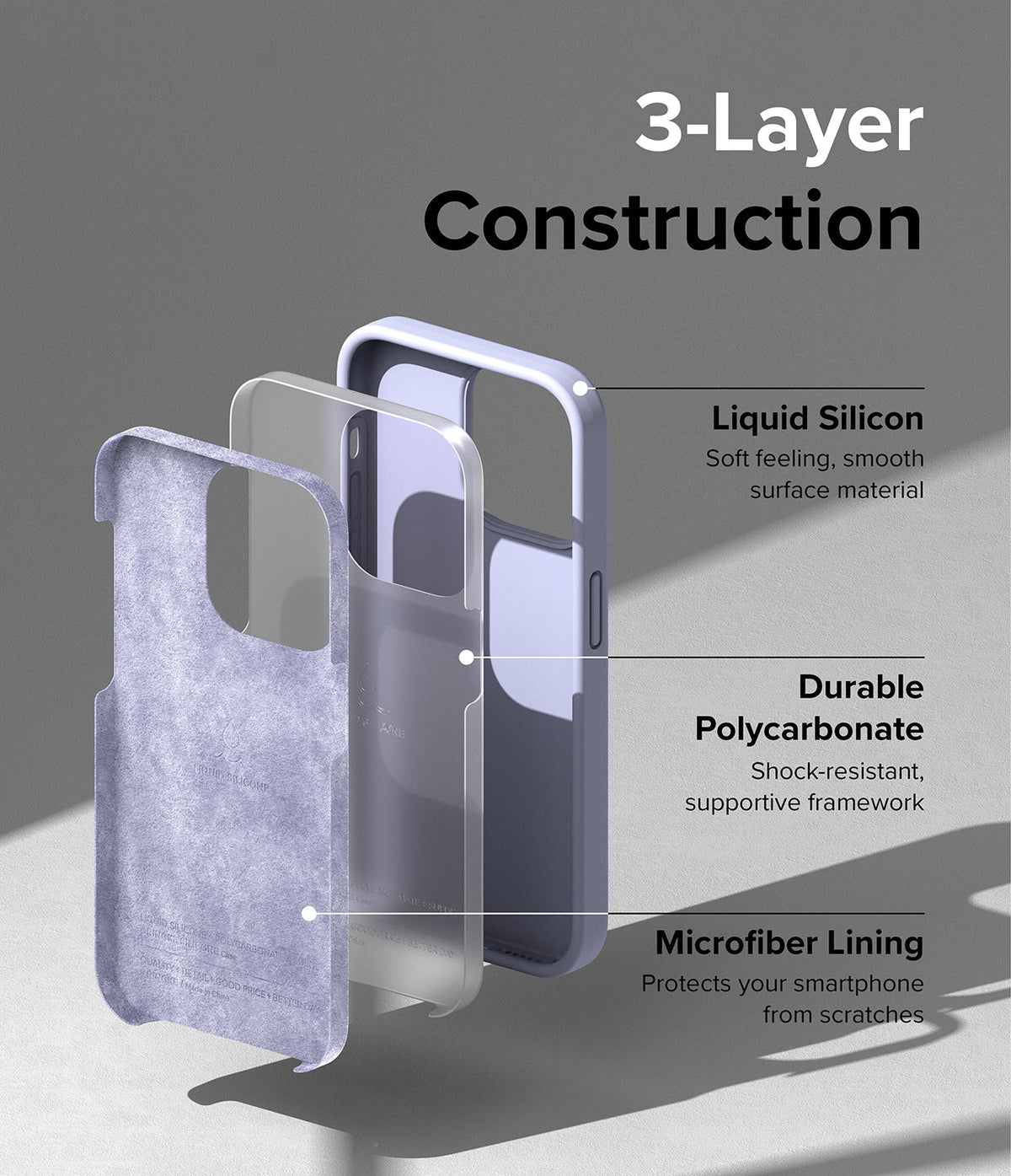 iPhone 14 Pro Case | Silicone - Exploded view showing liquid silicone, polycarbonate, and microfiber lining layers.