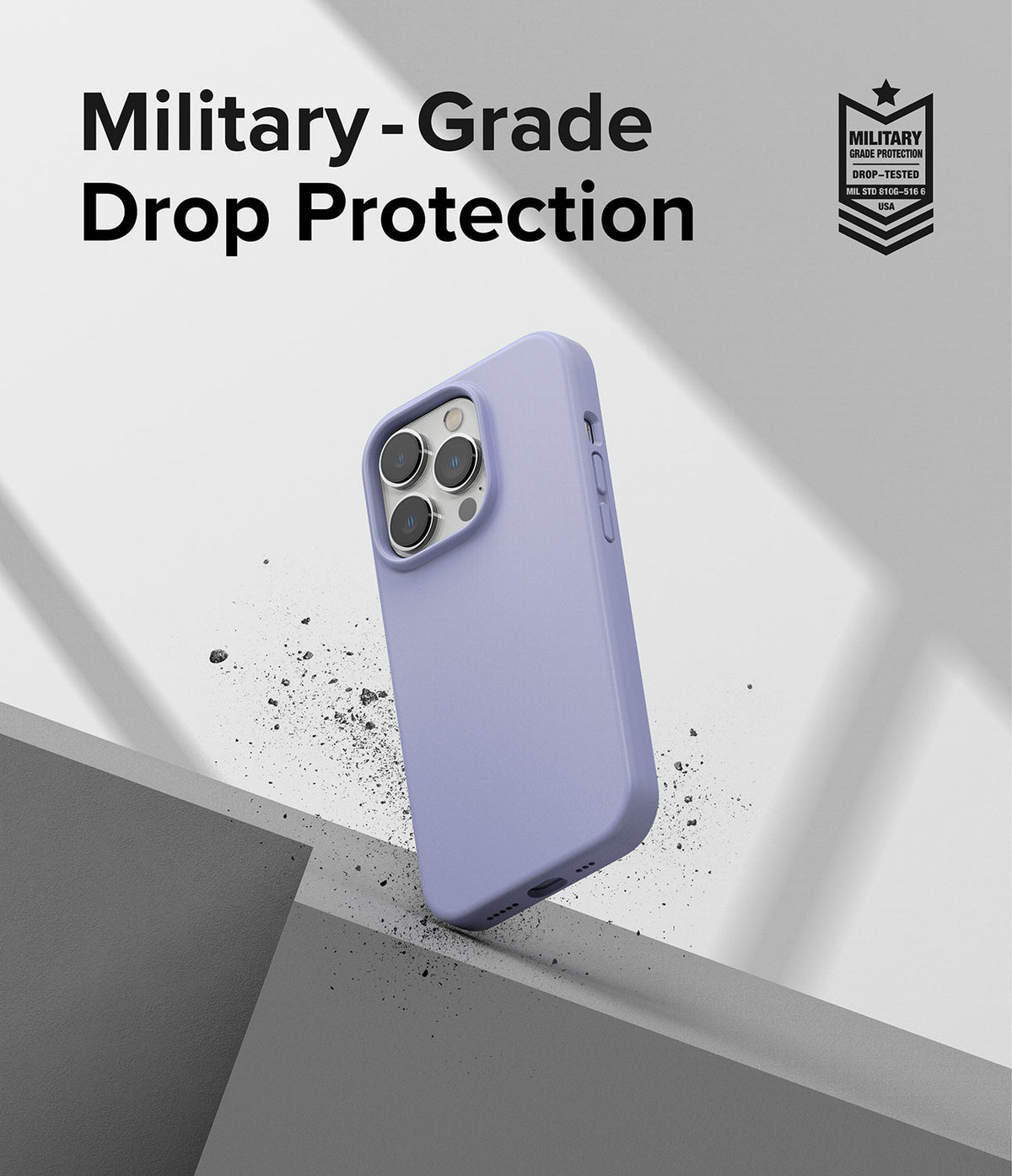 iPhone 14 Pro Case | Silicone - Lavender silicone case on an iPhone 14 Pro with military-grade drop protection text.